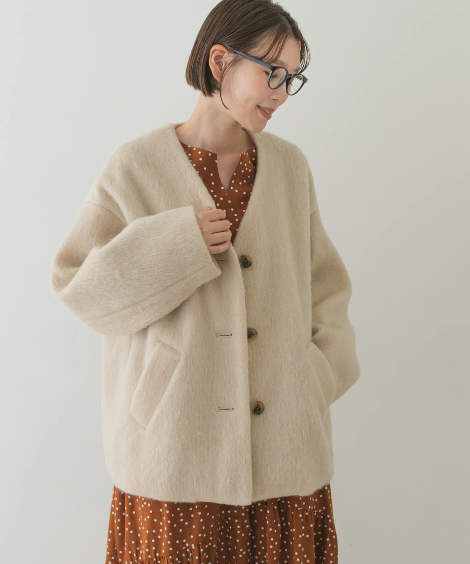 美品！ アルパカシャギーノーカラーショートコート ネット卸し売り 