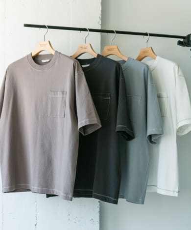 配色ステッチクルーネックポケットTシャツ