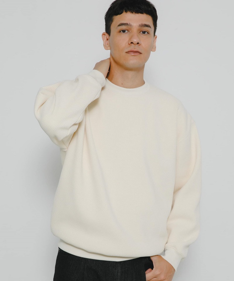 裏起毛でほんのり暖かいリラックスワッフルプルオーバー