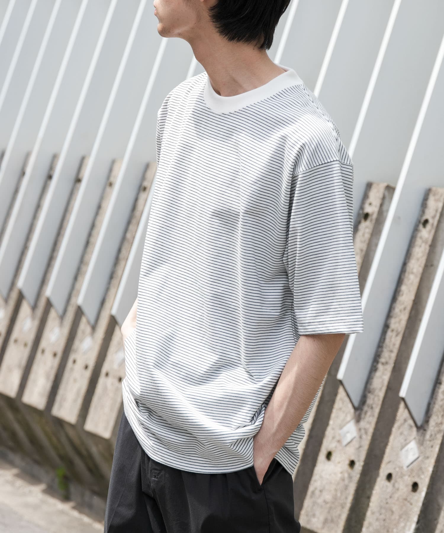 FORK&SPOON ボーダープレーティングショートスリーブTシャツ(4 BLKxOFF