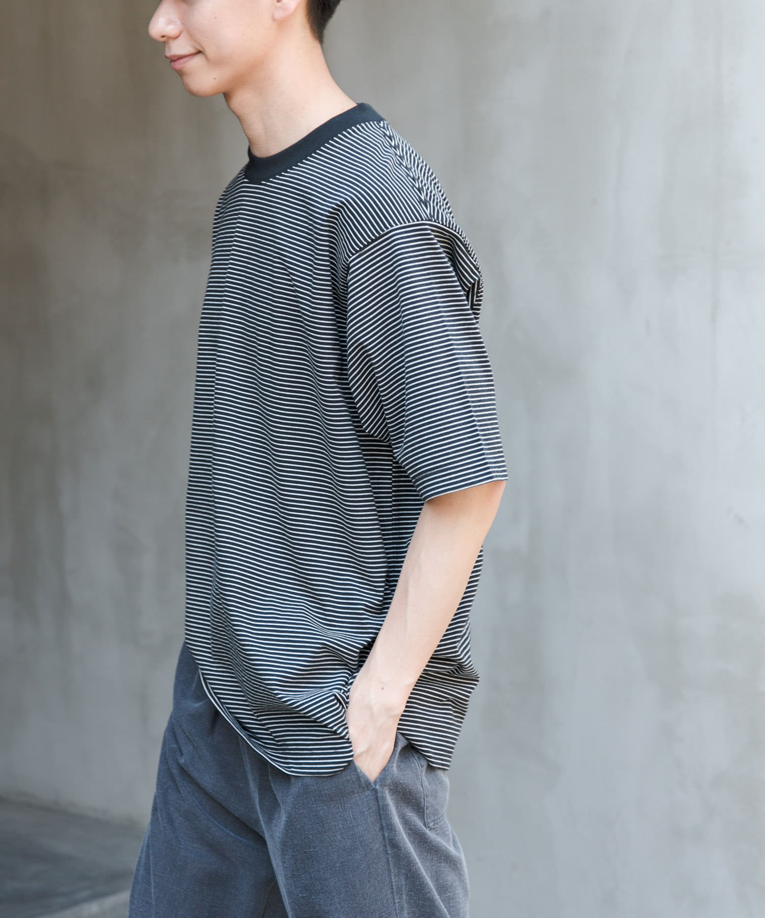 FORK&SPOON ボーダープレーティングショートスリーブTシャツ(4 BLKxOFF
