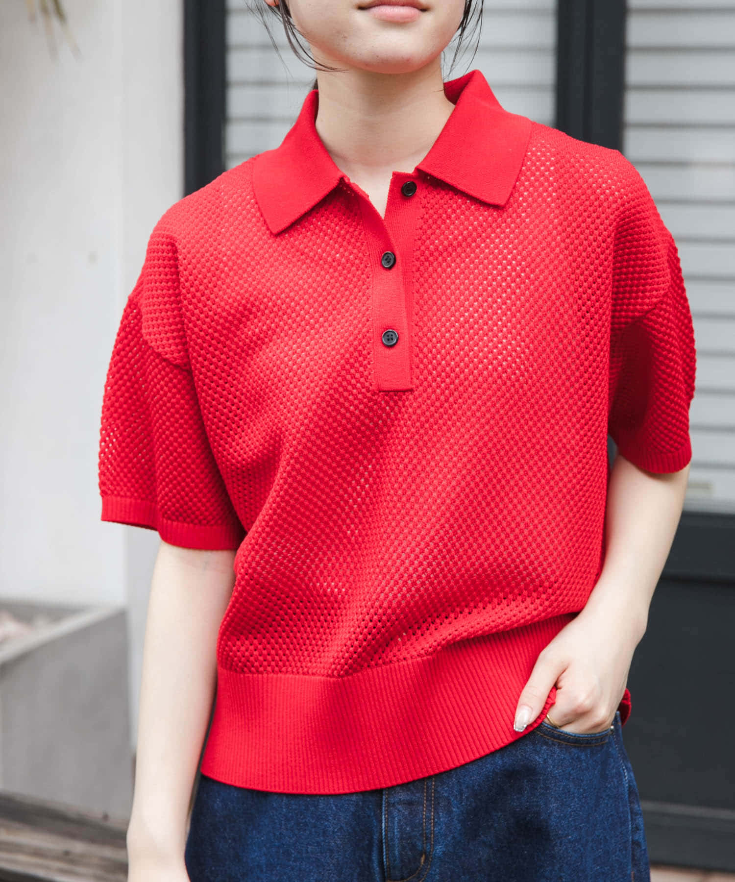 FORK&SPOON　メッシュパターンニットポロシャツ