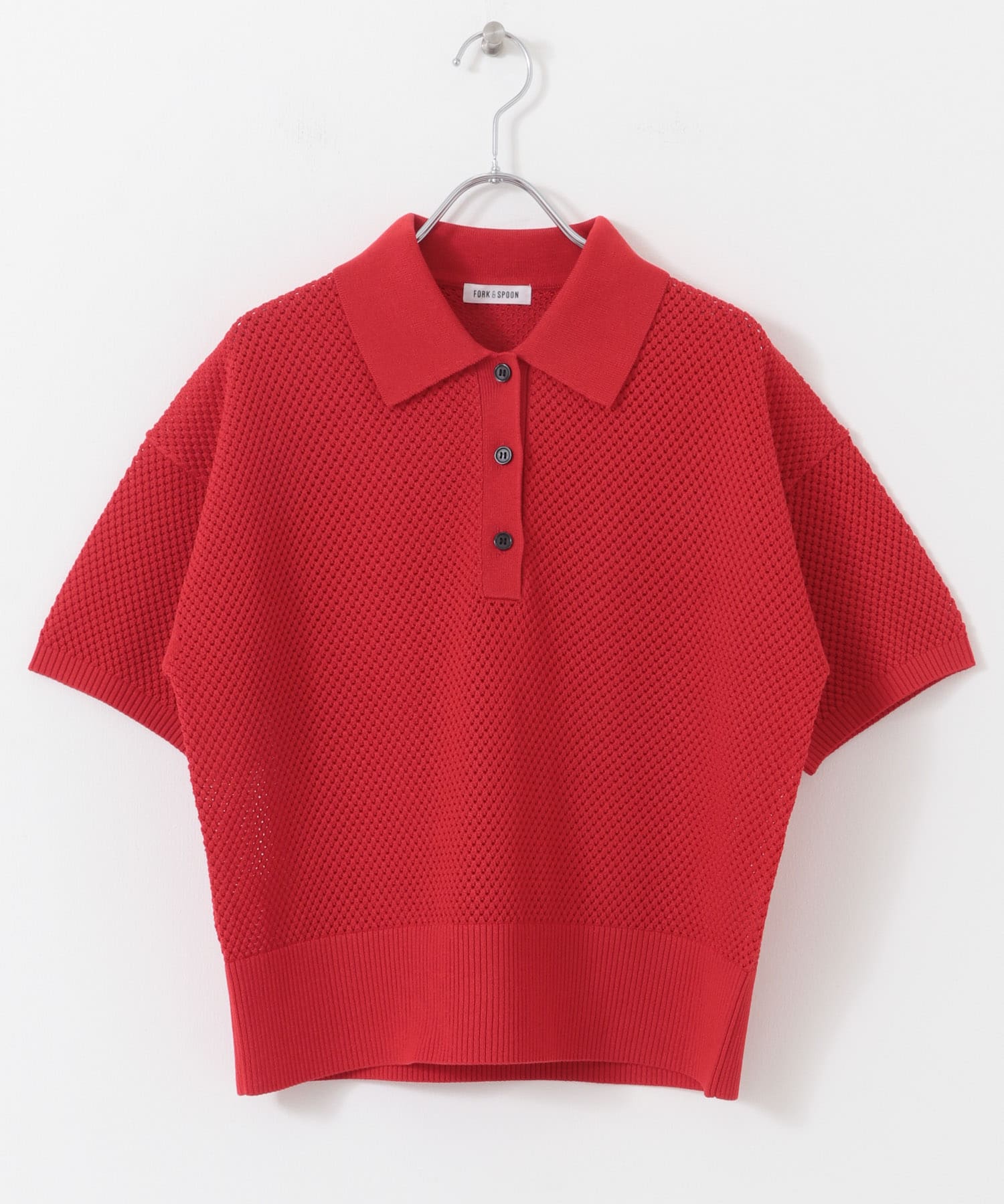 FORK&SPOON　メッシュパターンニットポロシャツ RED 1