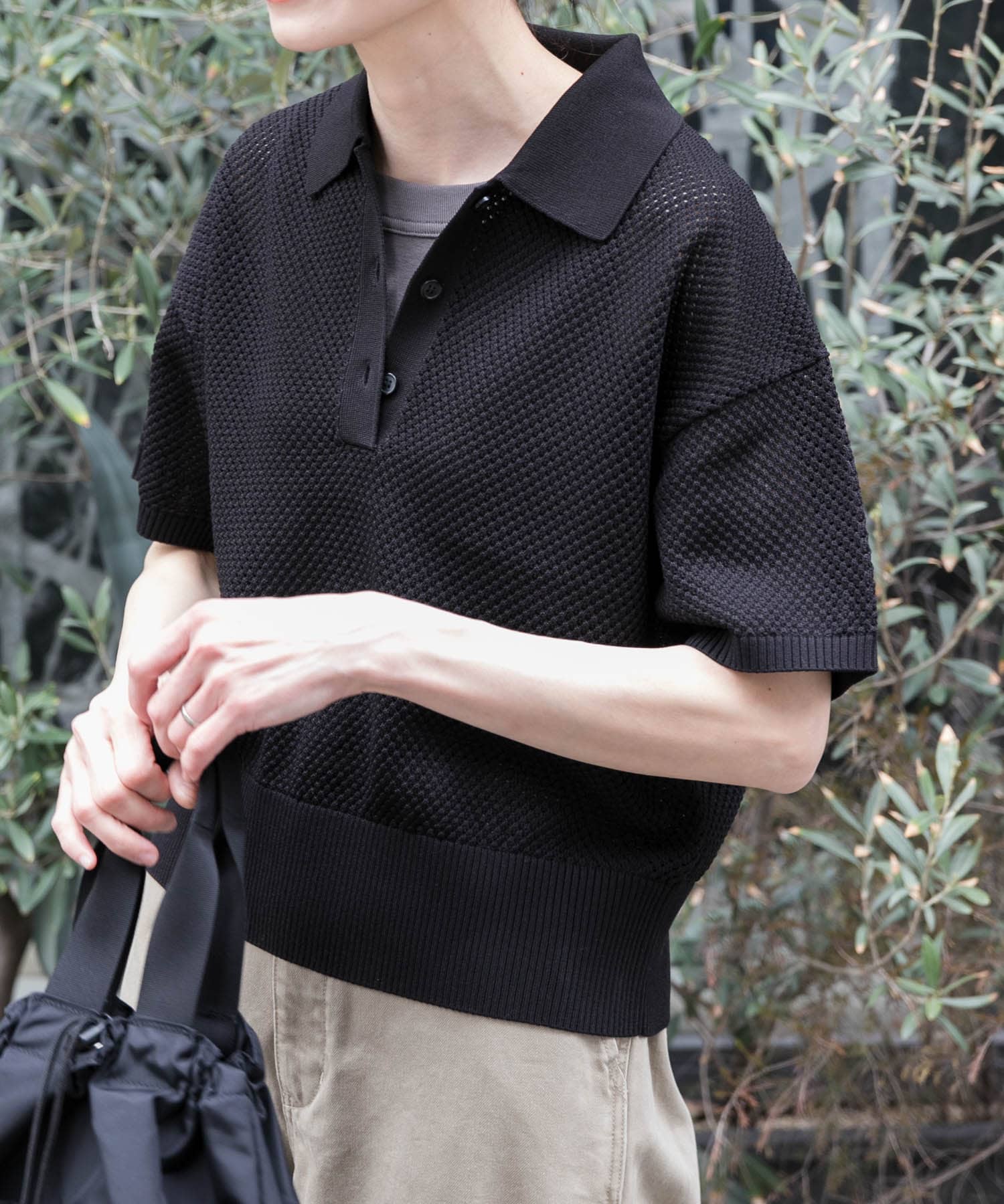 FORK&SPOON　メッシュパターンニットポロシャツ