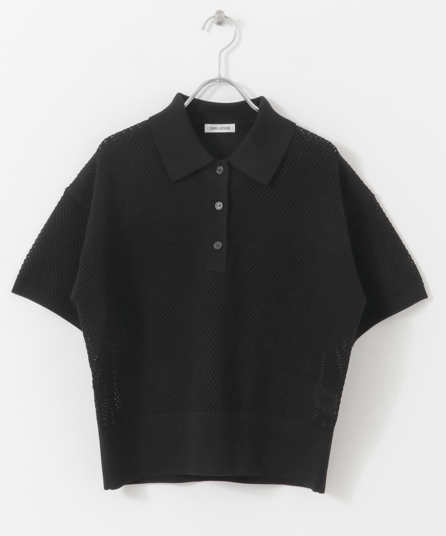 FORK&SPOON　メッシュパターンニットポロシャツ BLACK 1