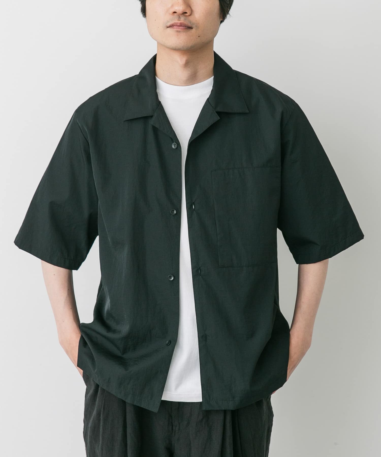 STILL BY HAND ナイロンオープンカラーシャツ(46 DARK OLIVE