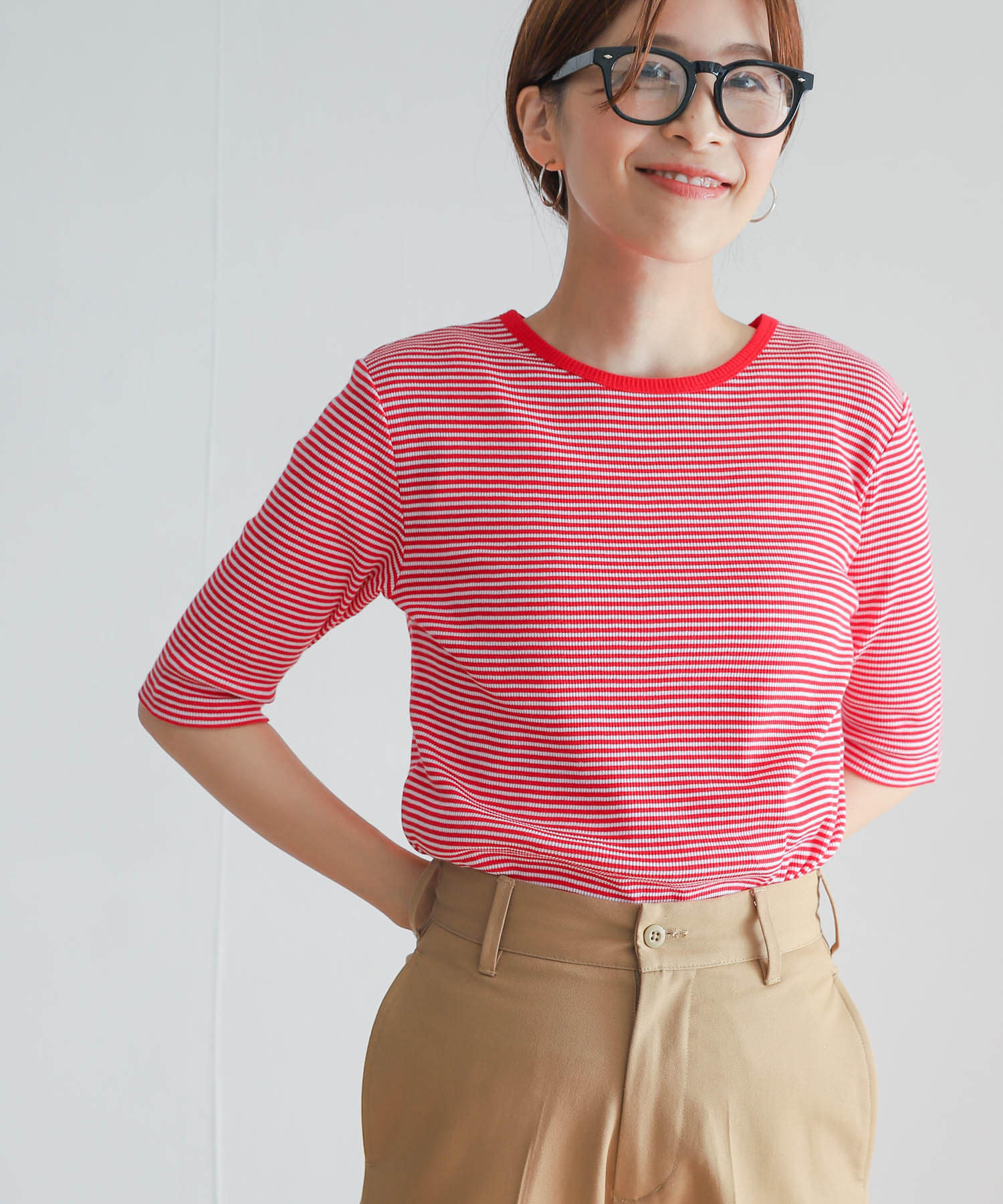 ミジンボーダーテレコ6分袖Tシャツ