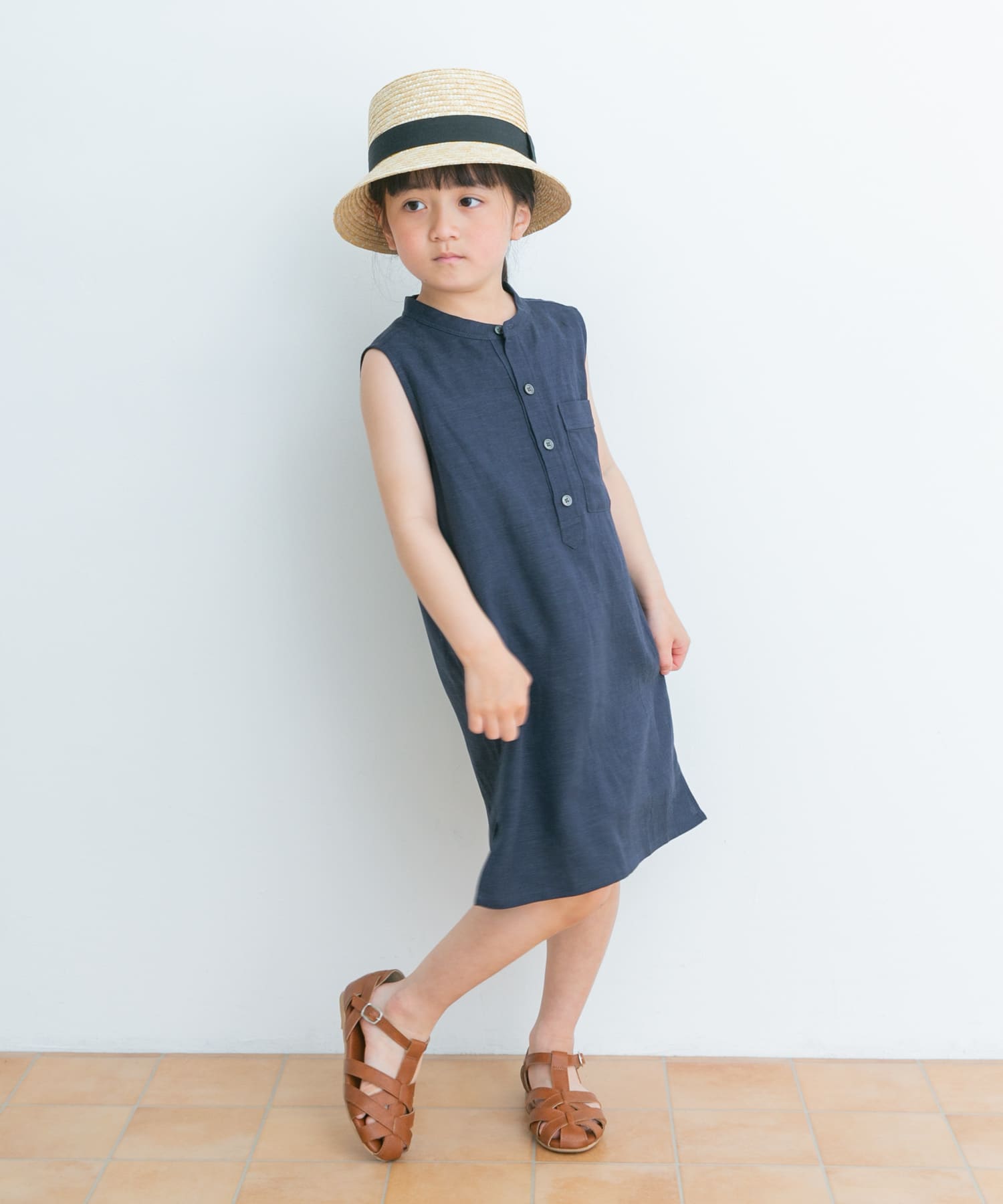 リネンレーヨンノースリーブワンピース(KIDS)(105 NAVY): キッズ