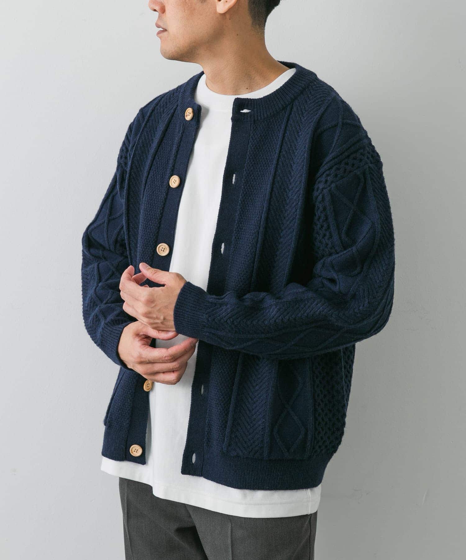 アラン編みクルーネックニットカーディガン D.NAVY M