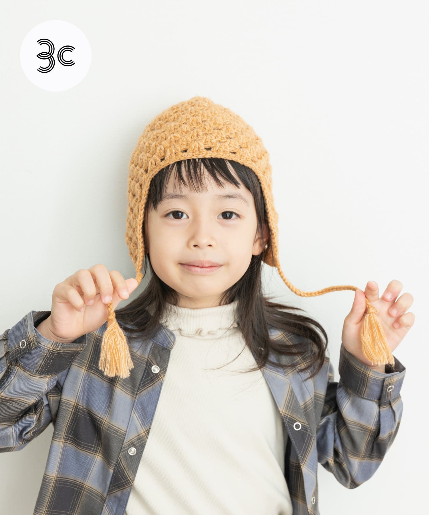 耳付き柄編みニット帽(KIDS) ORANGE one