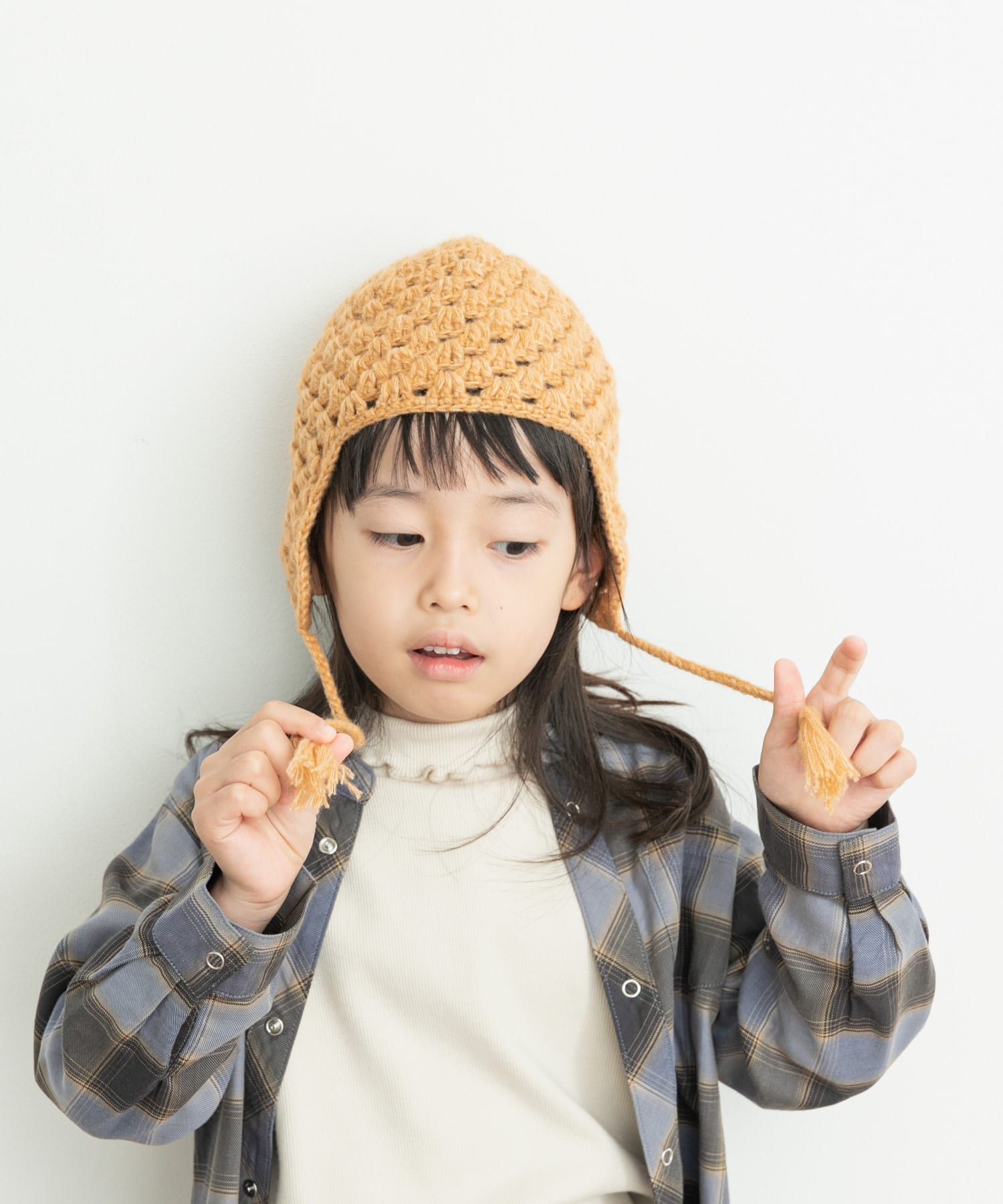 耳付き柄編みニット帽(KIDS) ORANGE one