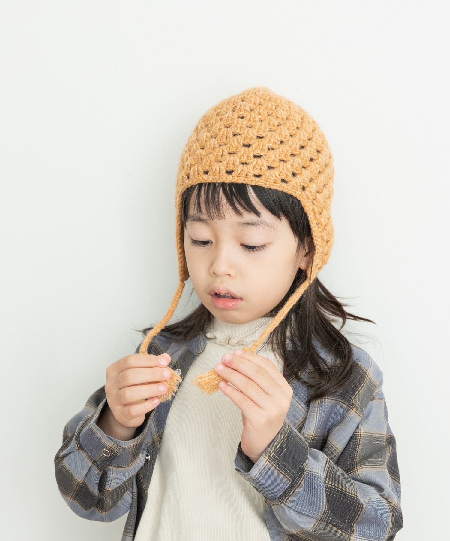 耳付き柄編みニット帽(KIDS) ORANGE one