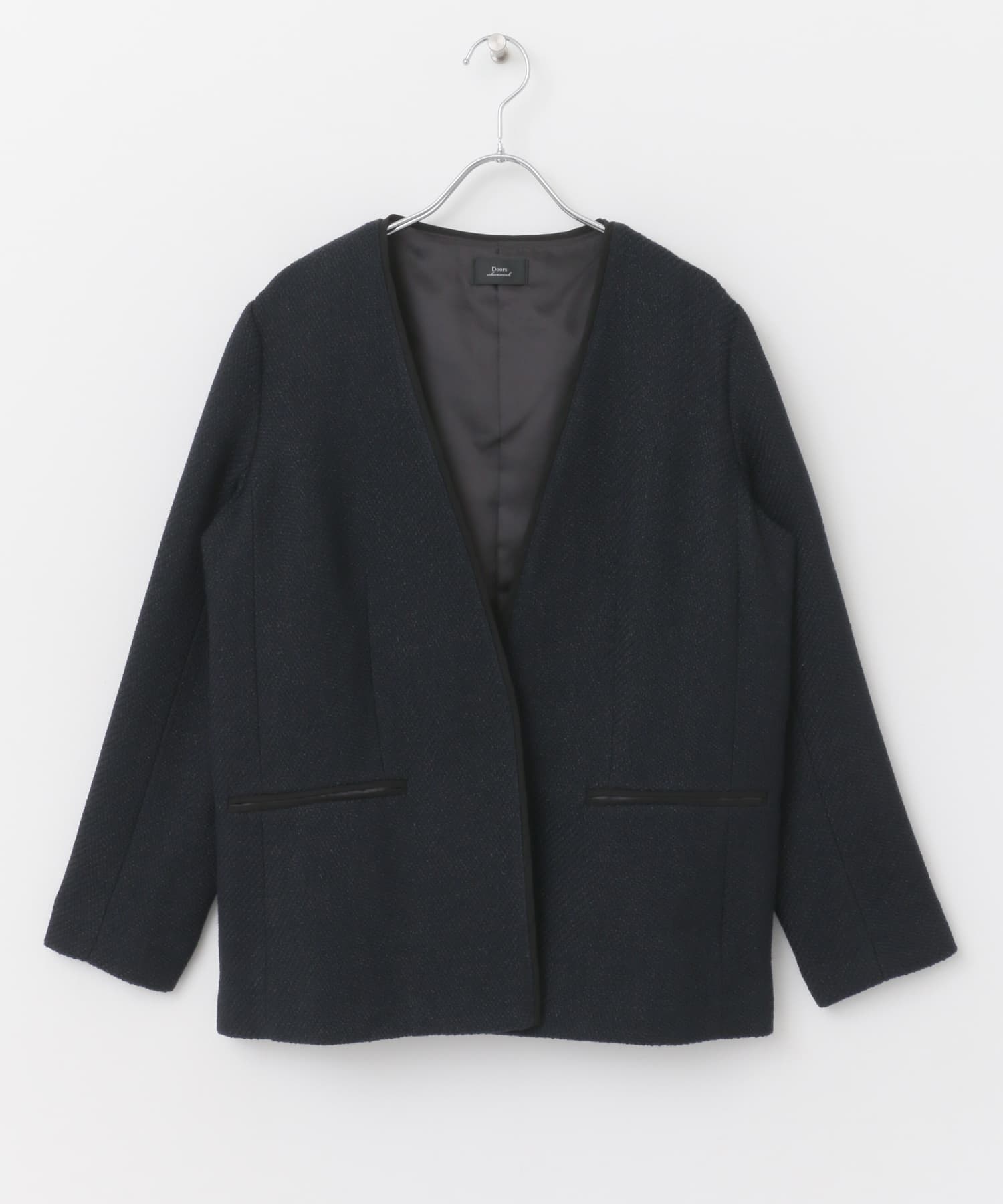 ツイードVネックロングジャケット NAVY M
