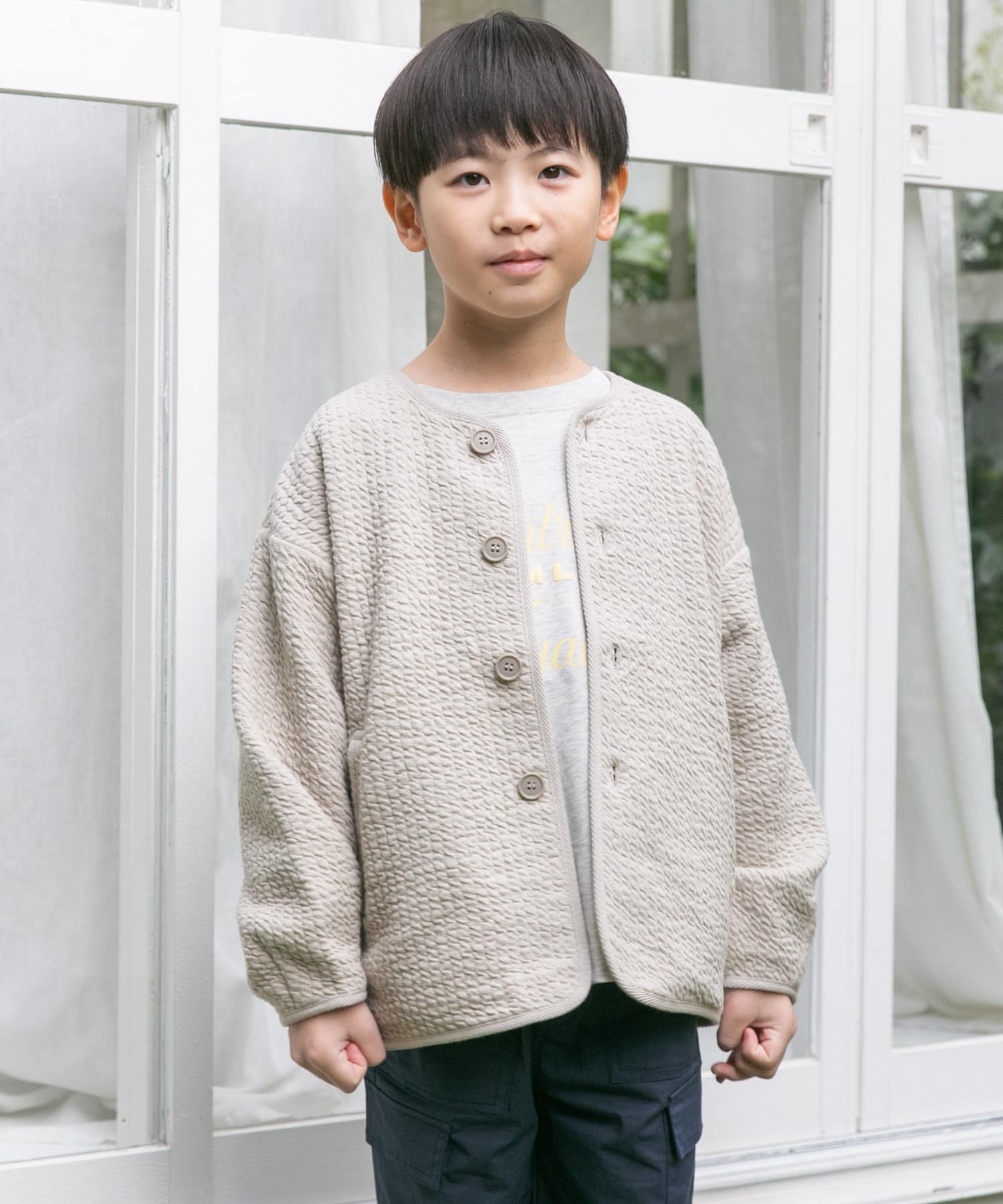 親子リンク』キルトノーカラージャケット(KIDS)(105 GREIGE): キッズ