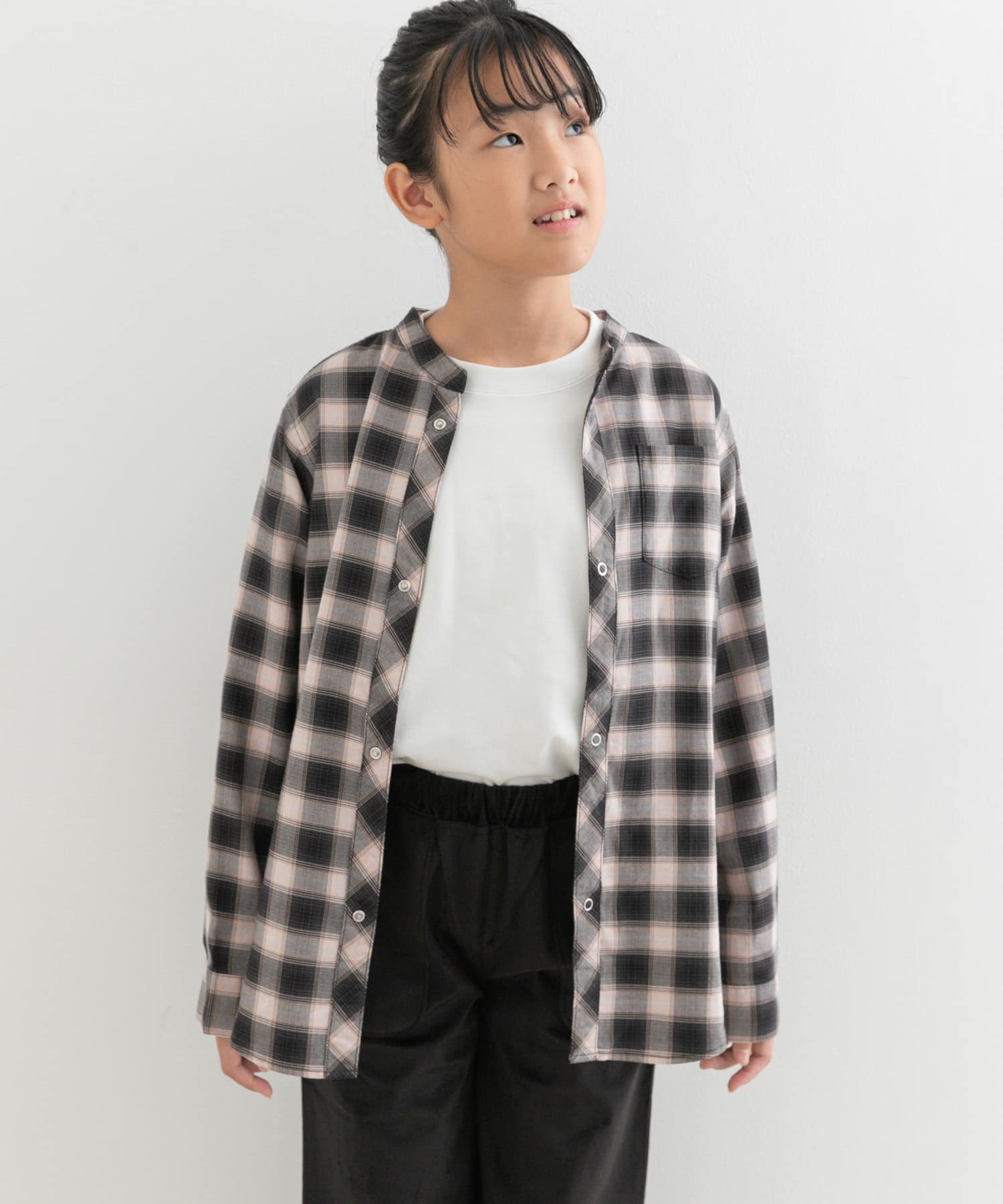 親子リンク』バンドカラーチェックシャツ(KIDS)(150 BLK×BEG): キッズ