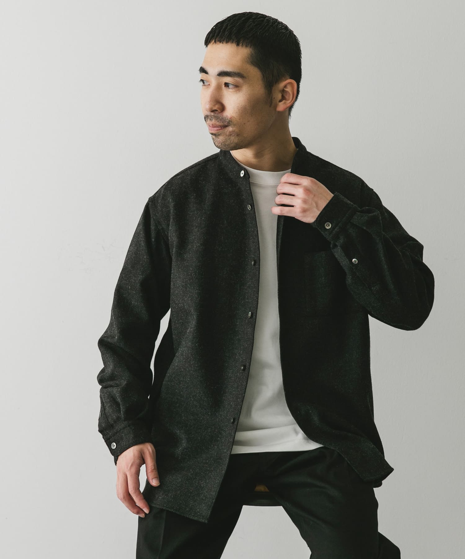 フラノバンドカラーシャツ INK BLACK L