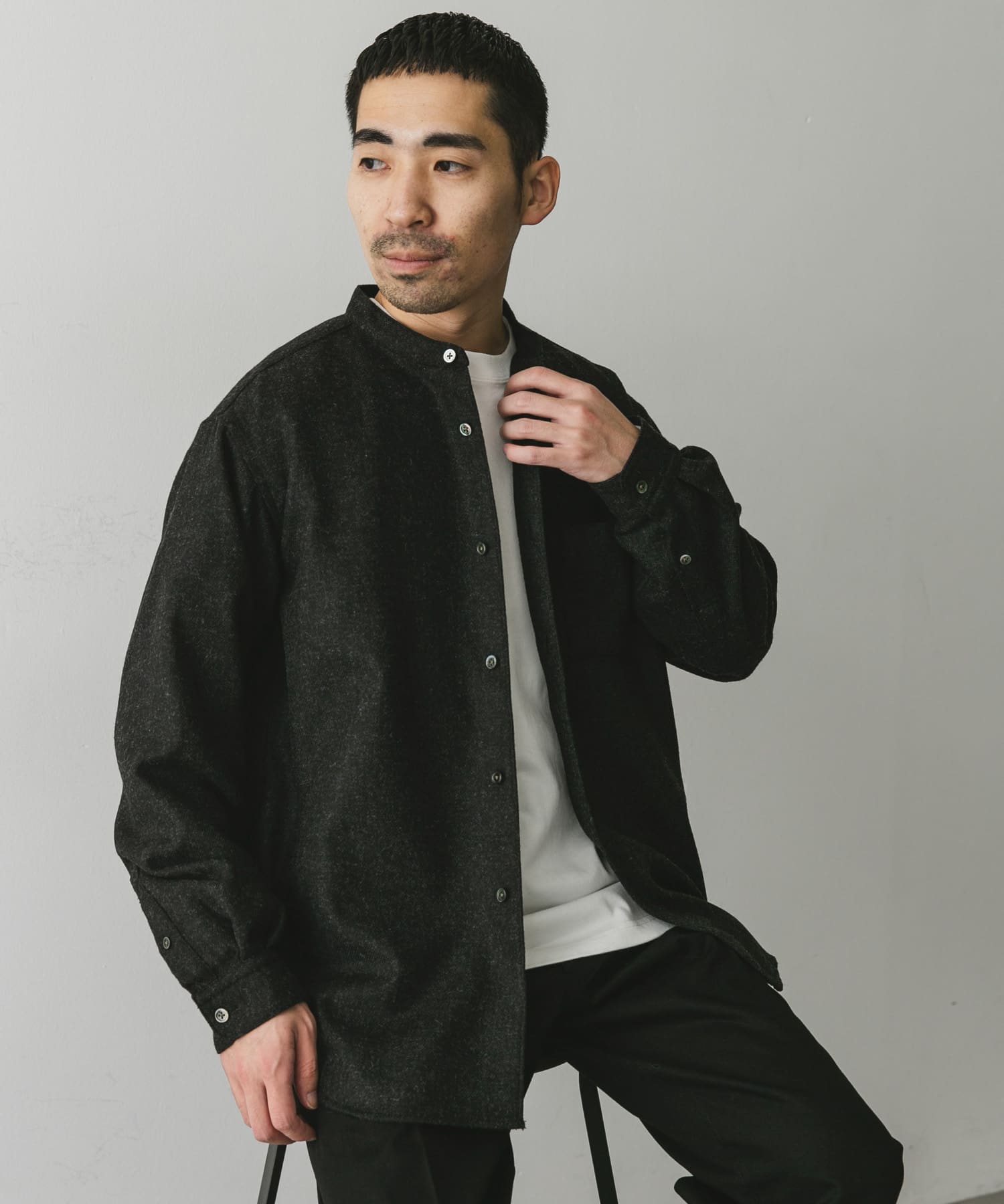 フラノバンドカラーシャツ INK BLACK L