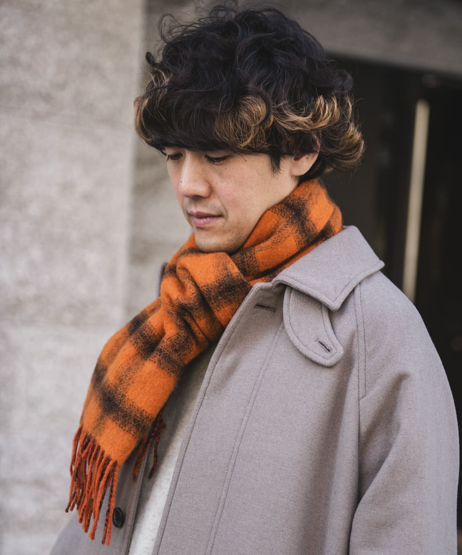 カシミヤブレンド オンブレチェックマフラー ORANGE -