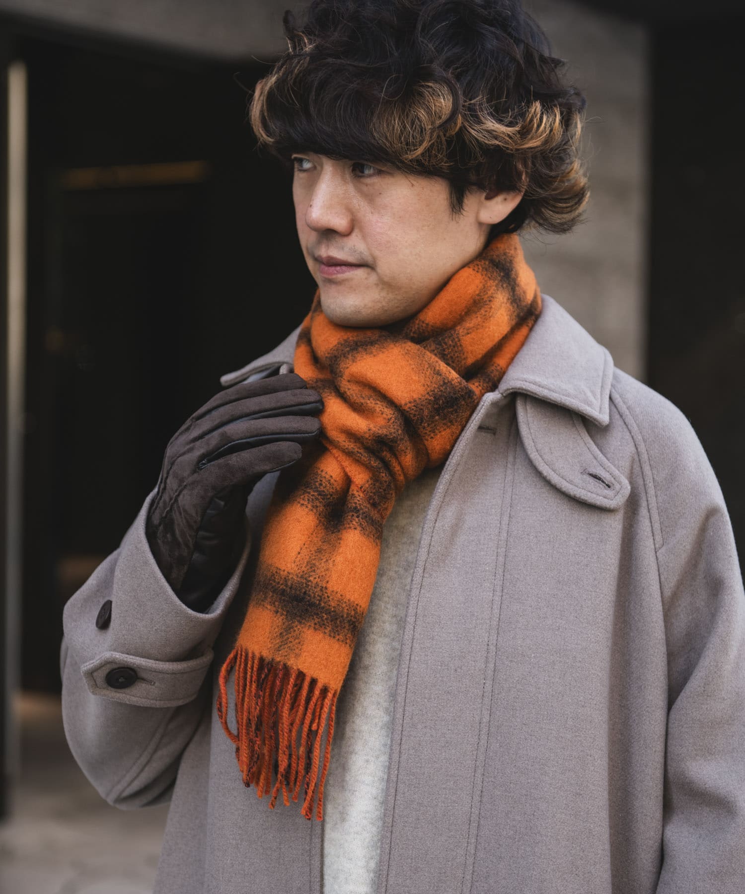 カシミヤブレンド オンブレチェックマフラー ORANGE -