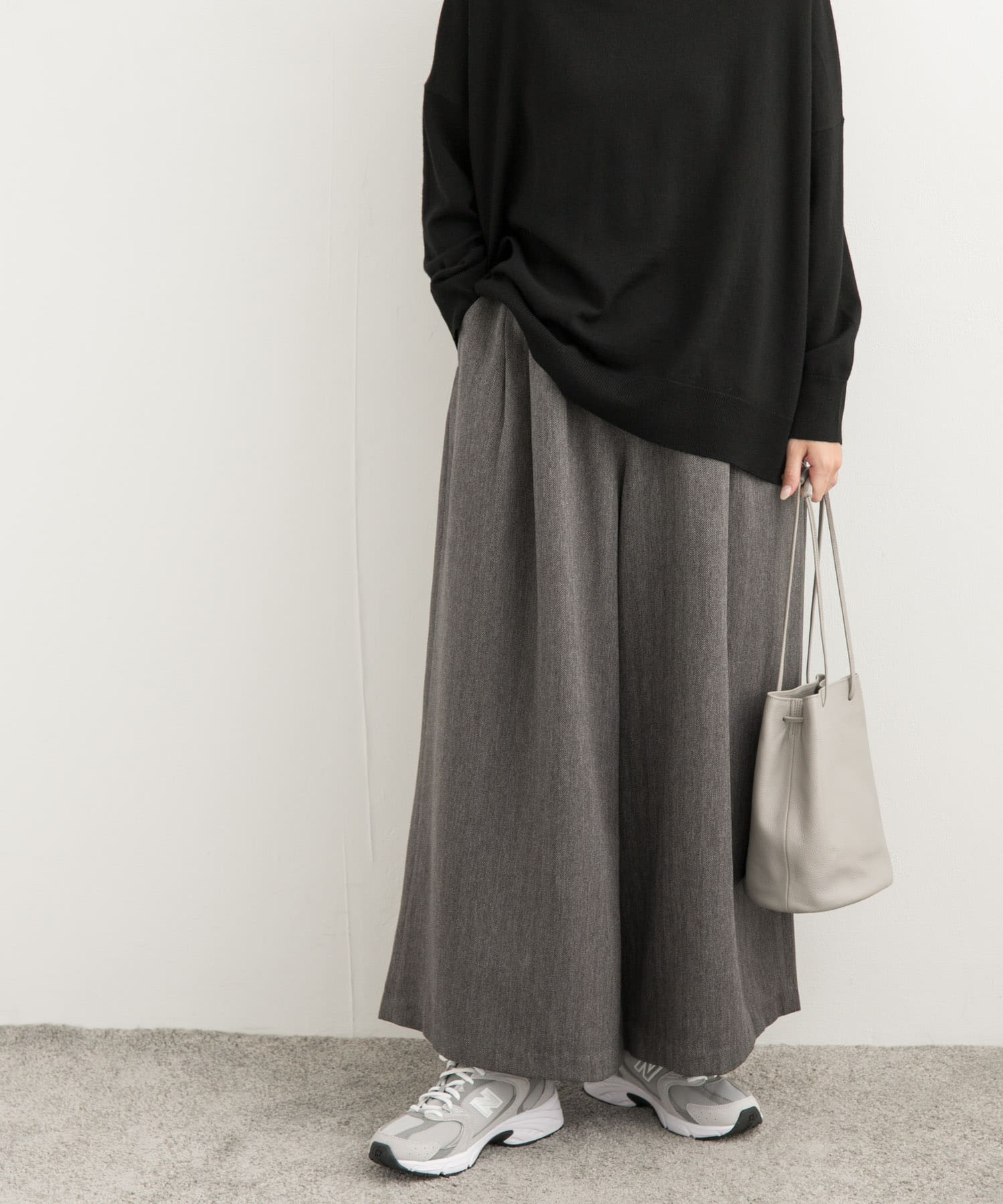 メランジヘリンボーンギャザーワイドパンツ