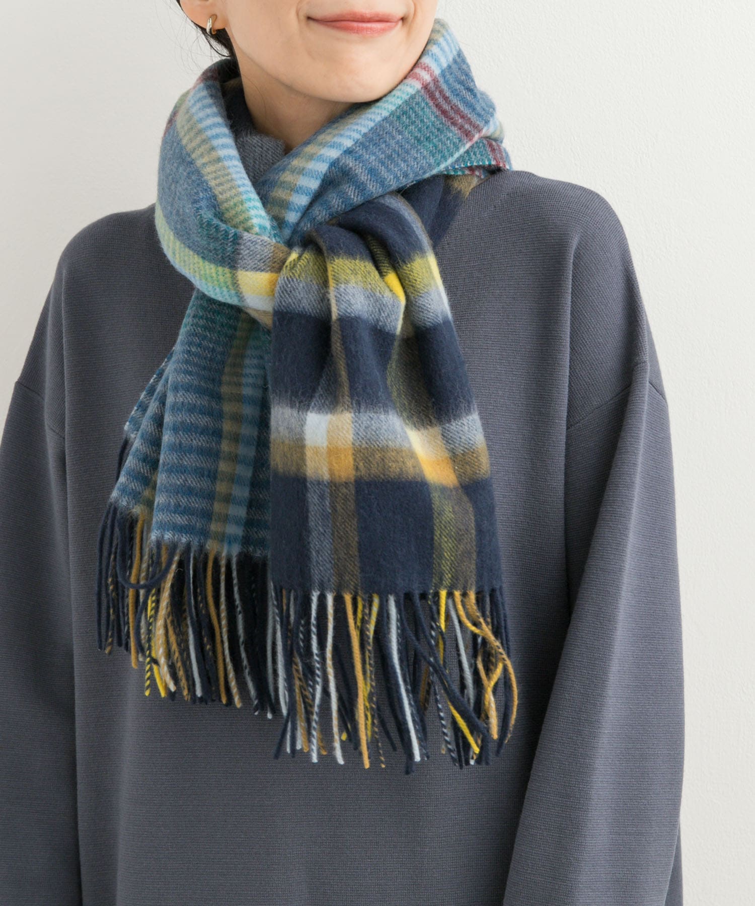 ウールチェックストール NAVY one