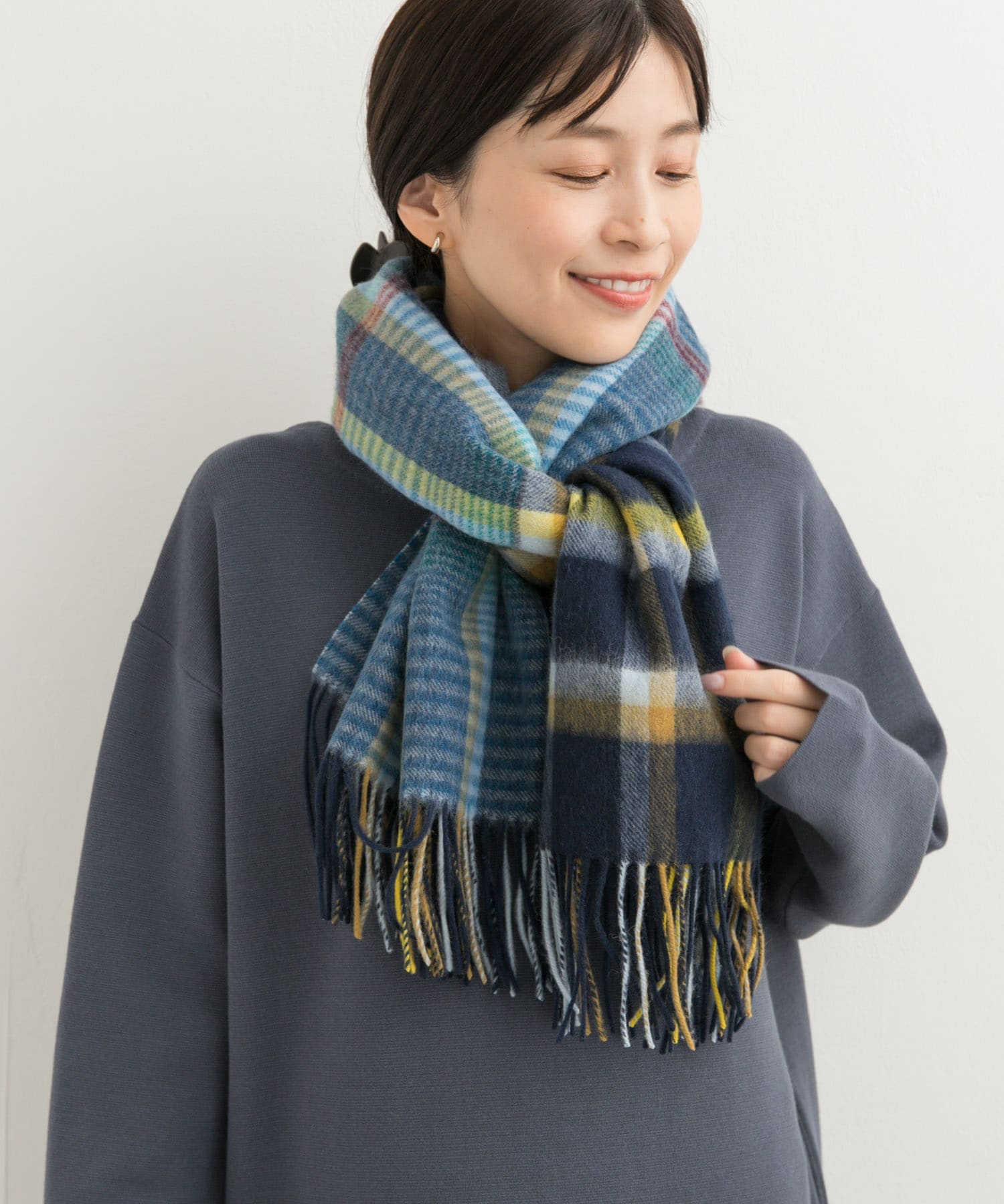 ウールチェックストール NAVY one
