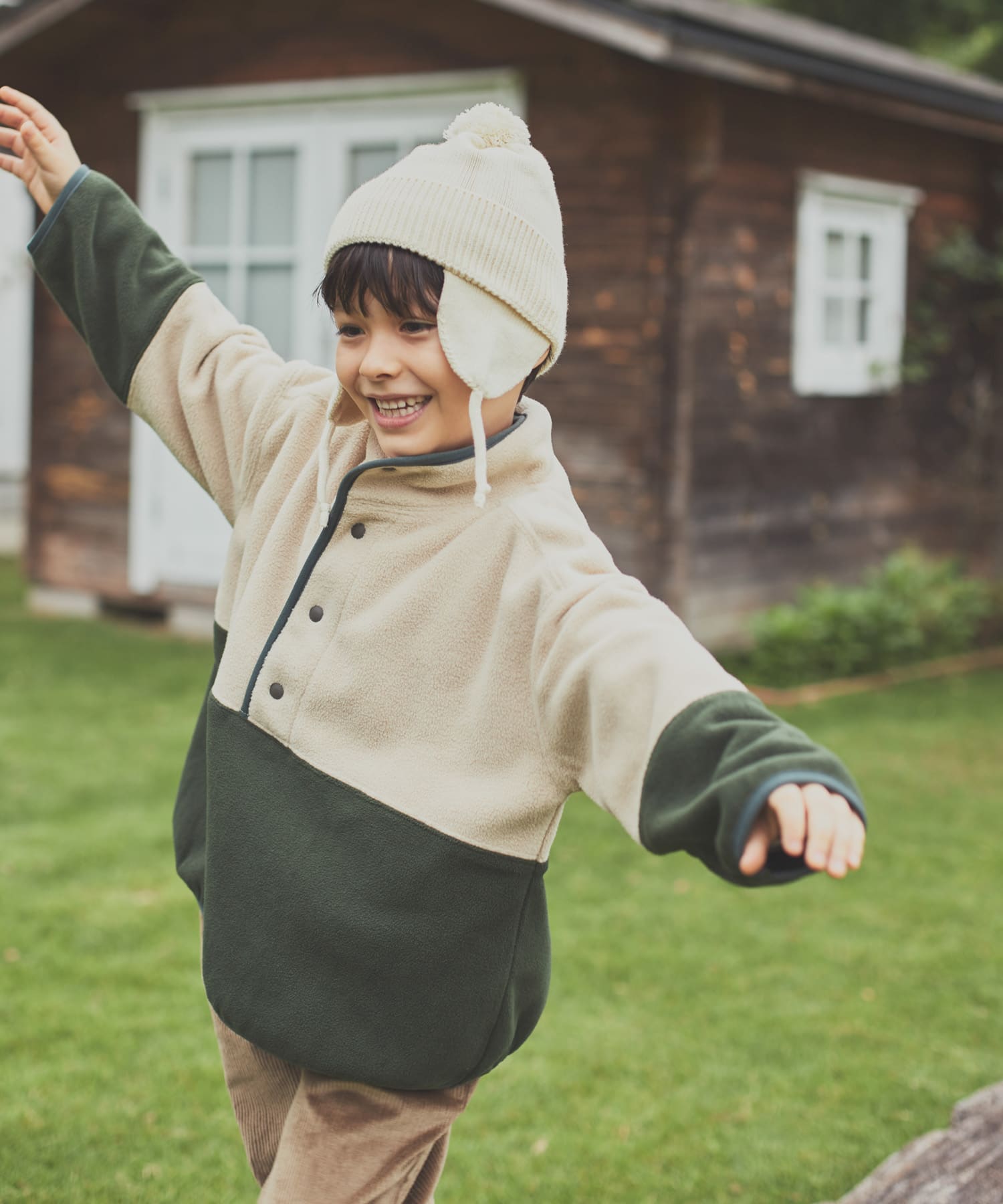 『洗濯可』フリースバイカラープルオーバー(KIDS) GR×BE 105