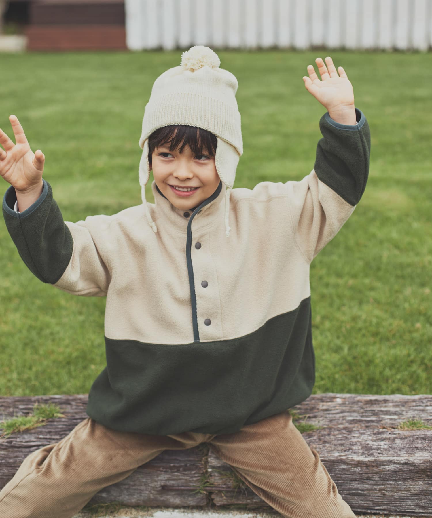 『洗濯可』フリースバイカラープルオーバー(KIDS) GR×BE 105