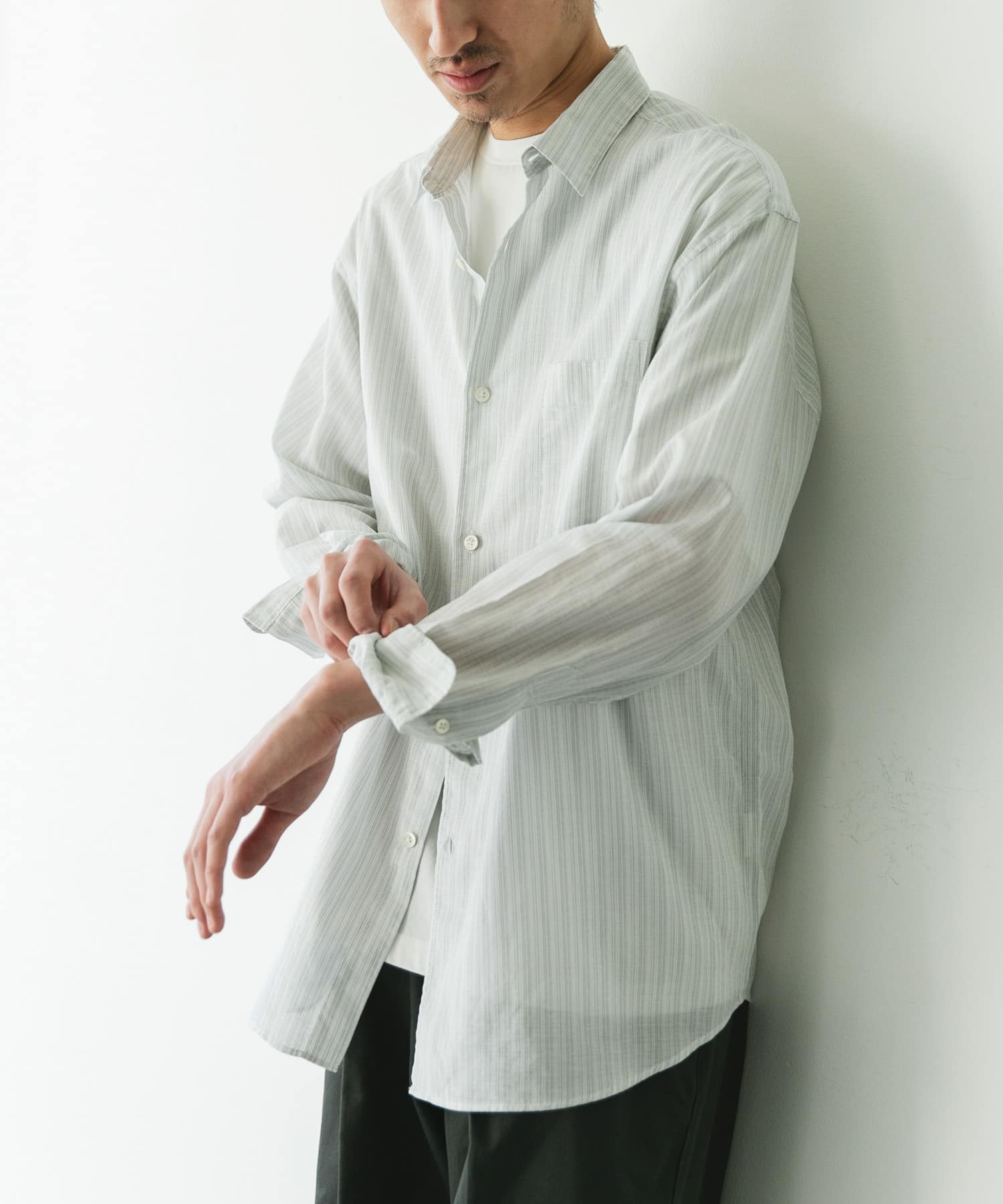 シアーボイルストライプロングスリーブシャツ(M BLUE): トップス