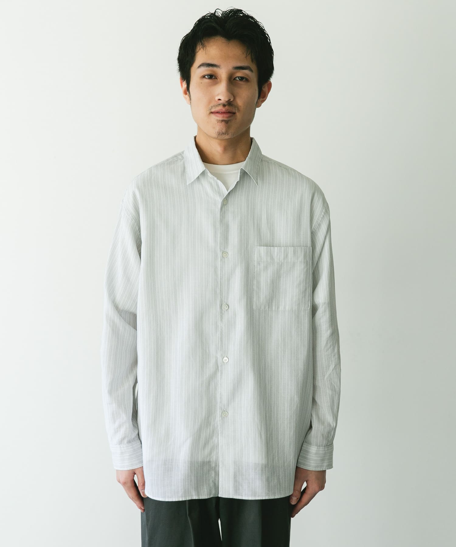 シアーボイルストライプロングスリーブシャツ GREEN L