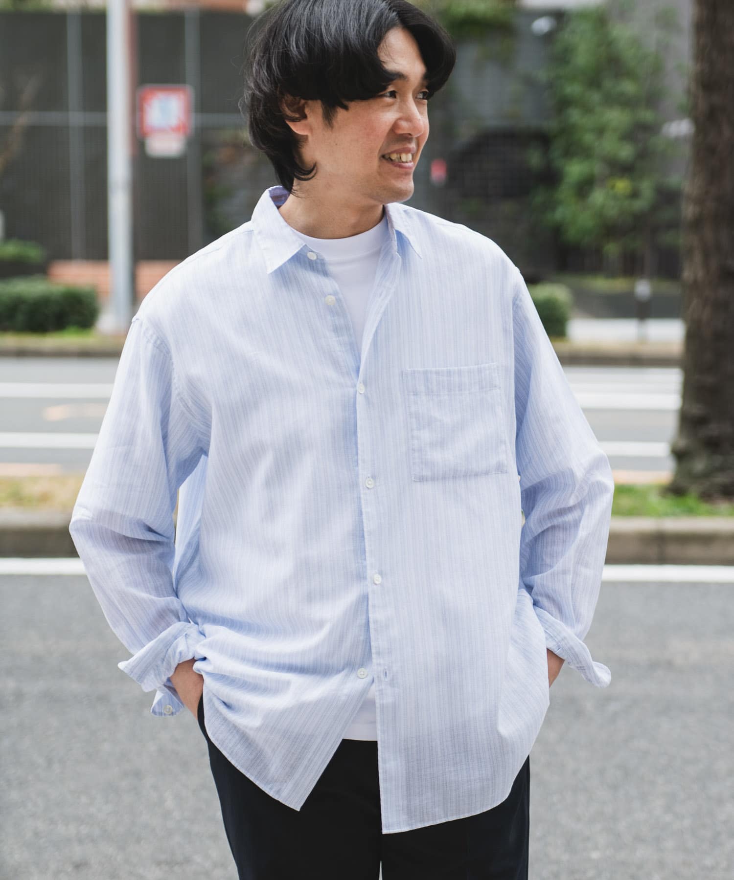 shiro様オーダーページ シアーボイルストライプロングスリーブシャツ(M BLUE): トップス