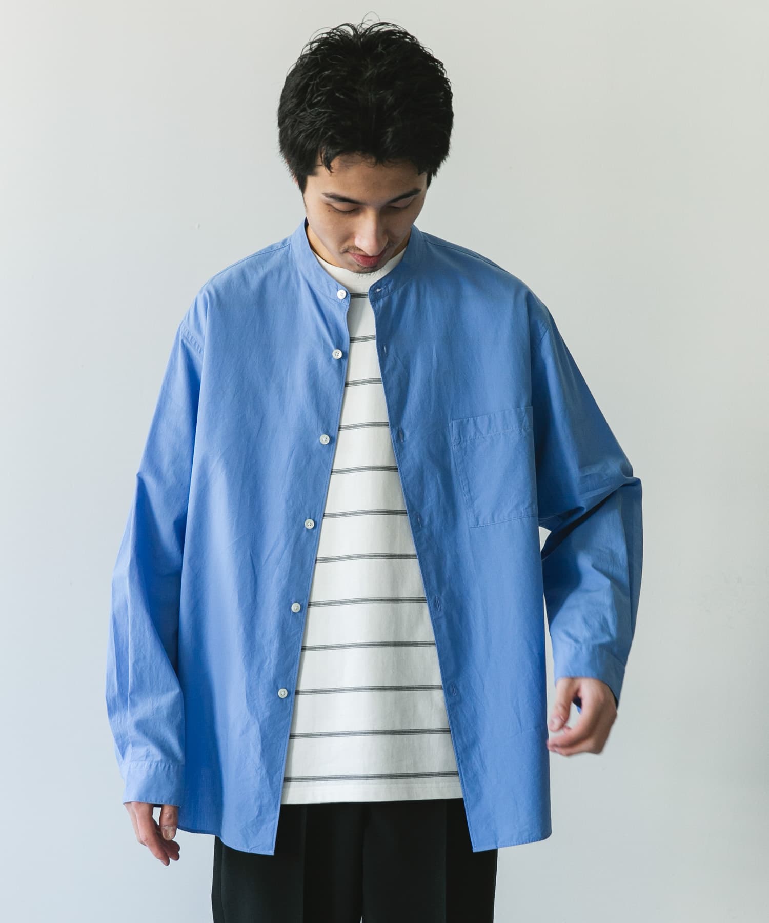 シルクブレンド ロングスリーブバンドカラーシャツ(M BLUE): トップス
