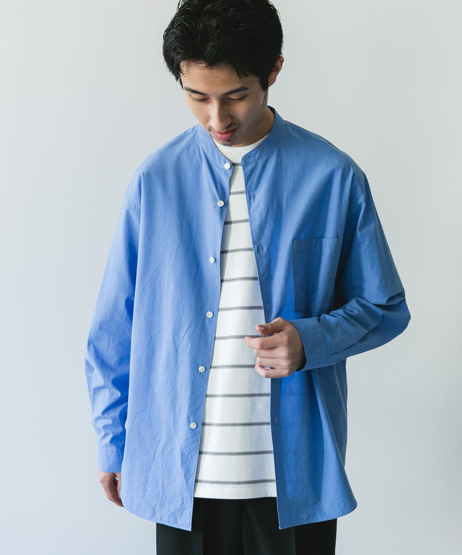 シルクブレンド ロングスリーブバンドカラーシャツ(M BLUE): トップス シルクブレンド ロングスリーブバンドカラーシャツ(M BLUE): トップス