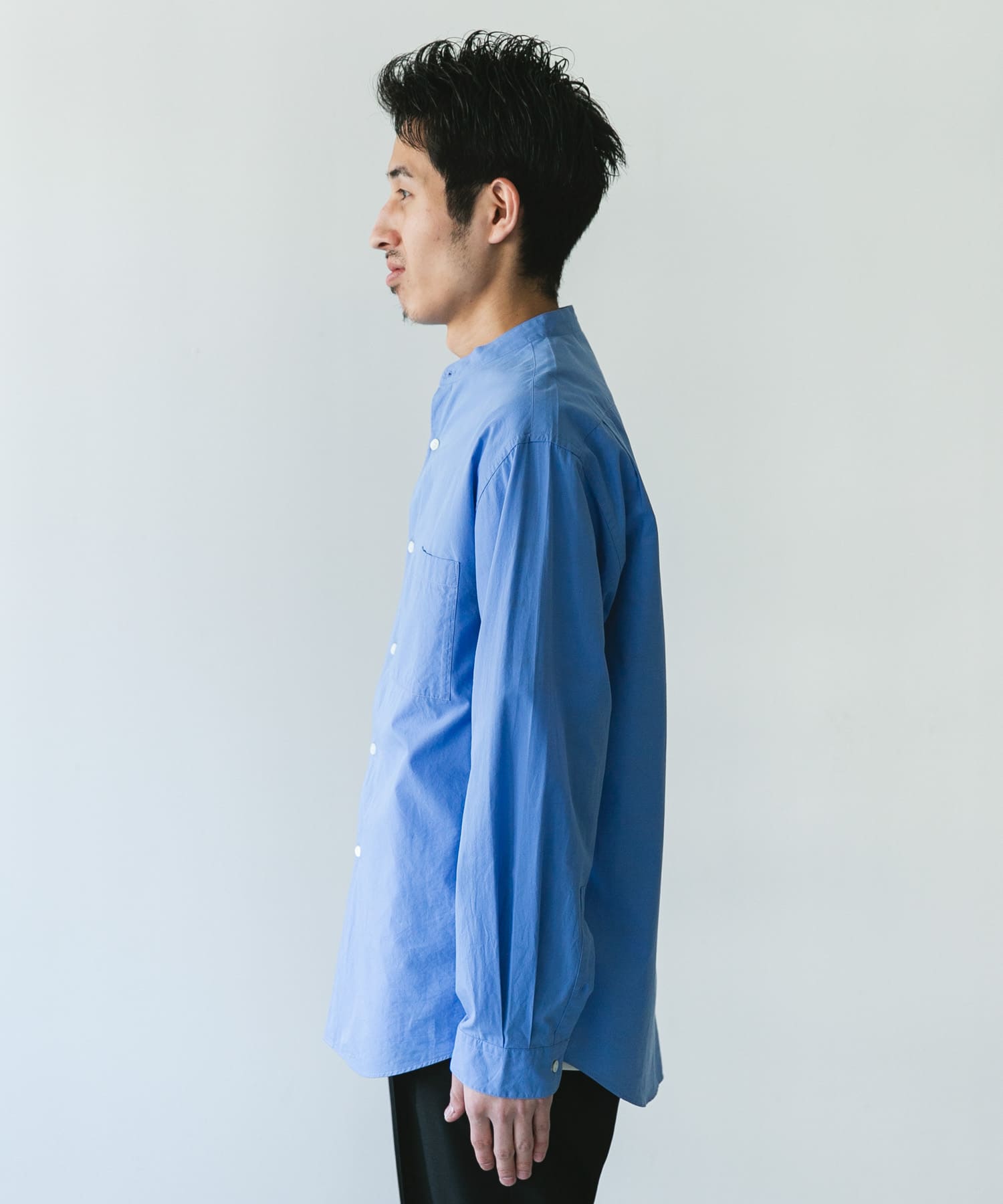 ロンスプ　Mサイズ　ライトブルー シルクブレンド ロングスリーブバンドカラーシャツ(M BLUE): トップス