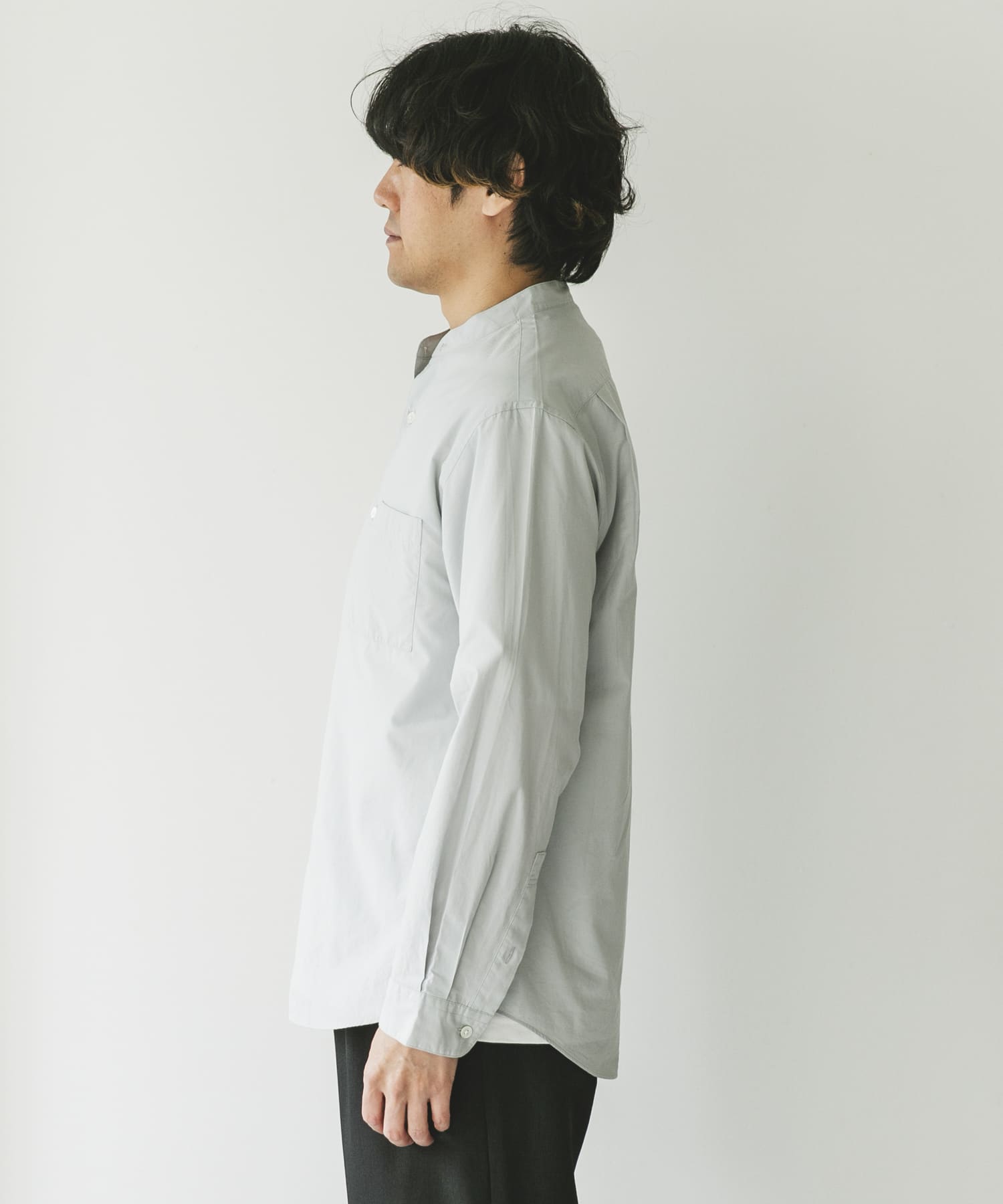 シルクブレンド ロングスリーブバンドカラーシャツ(M BLUE): トップス