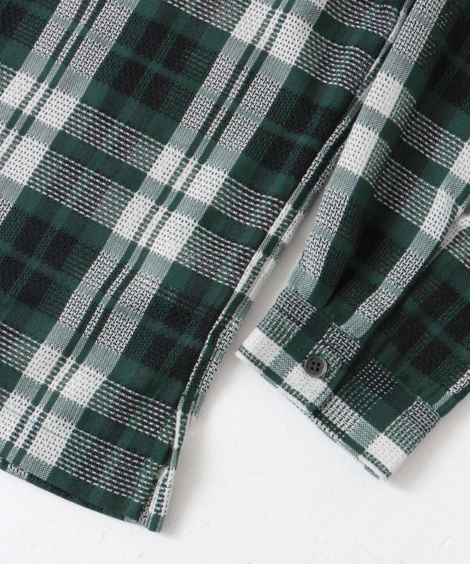 カラミ織ロングスリーブチェックシャツ GREEN M