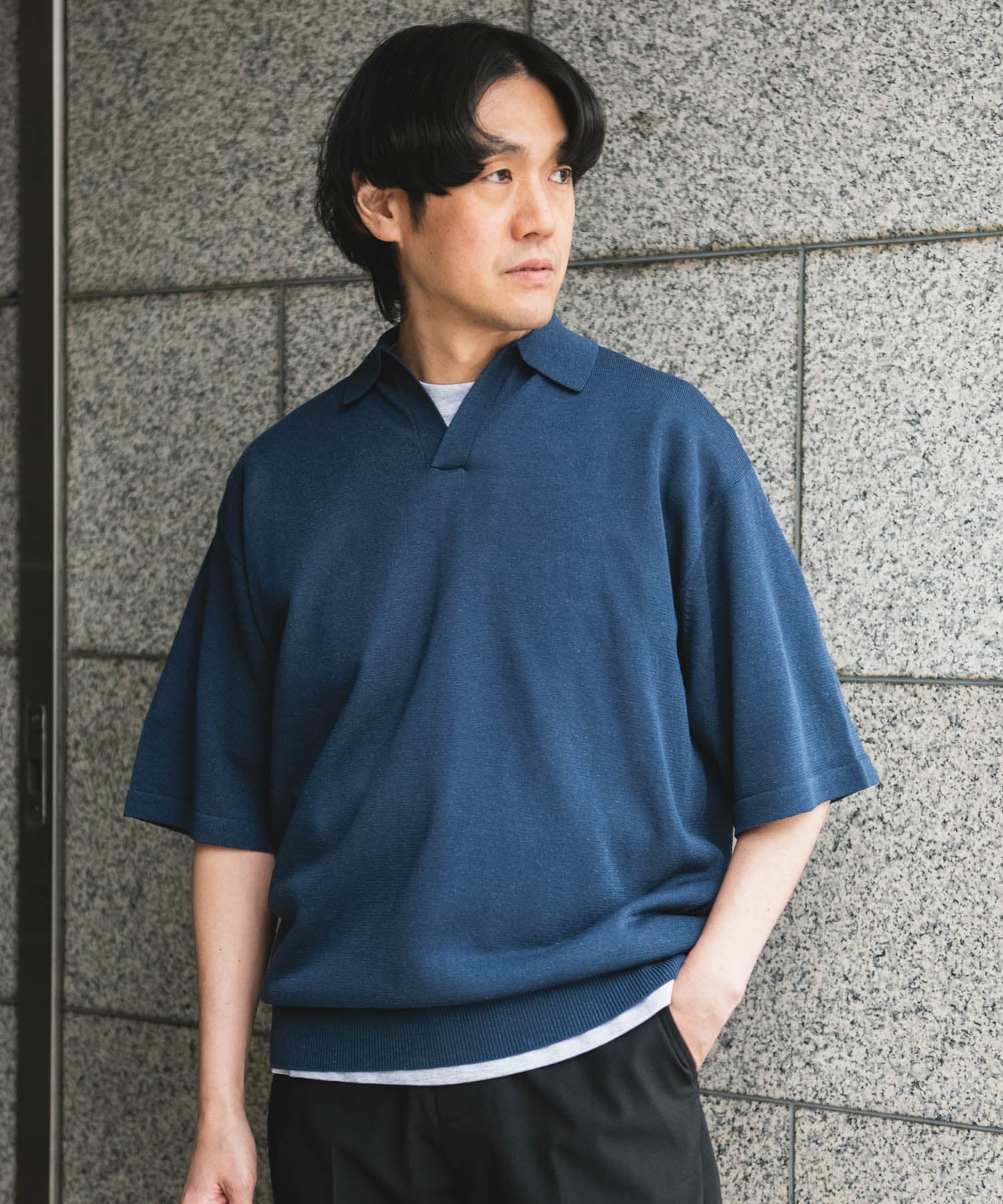 リネン混ハイゲージ スキッパーニットポロシャツ(M BLACK): トップス 
