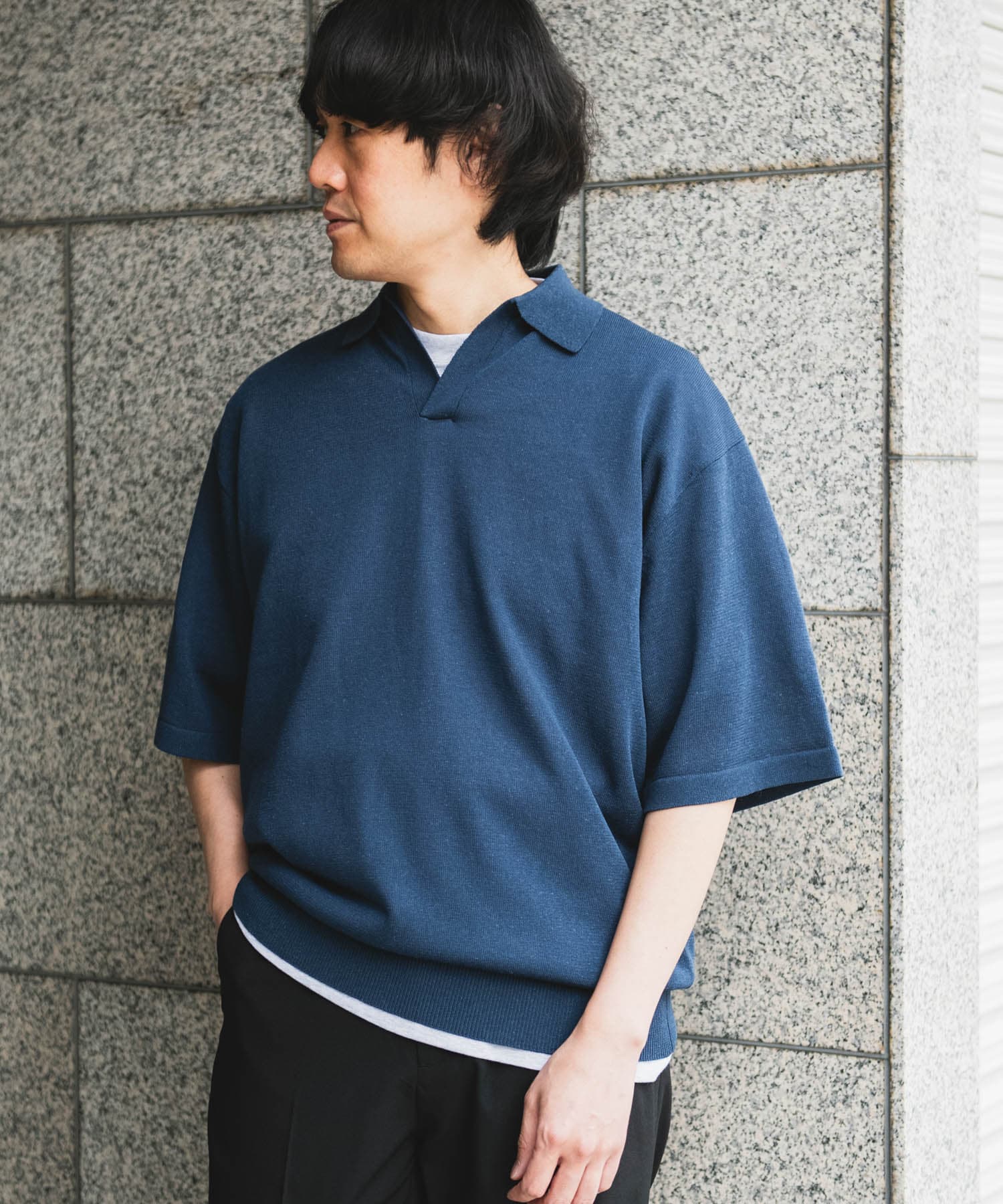 リネン混ハイゲージ スキッパーニットポロシャツ(M BLACK): トップス