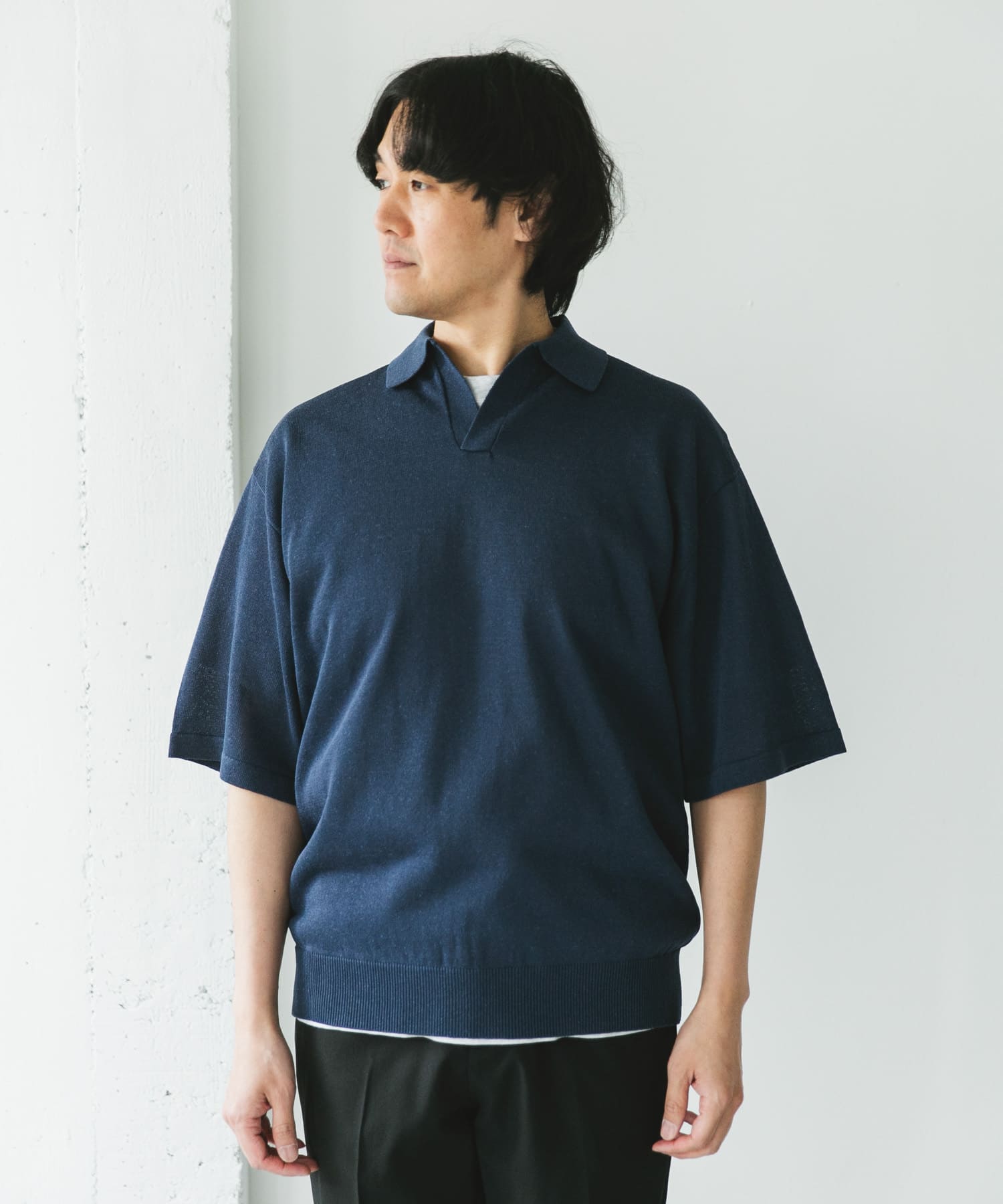 リネン混ハイゲージ スキッパーニットポロシャツ(M BLACK): トップス 