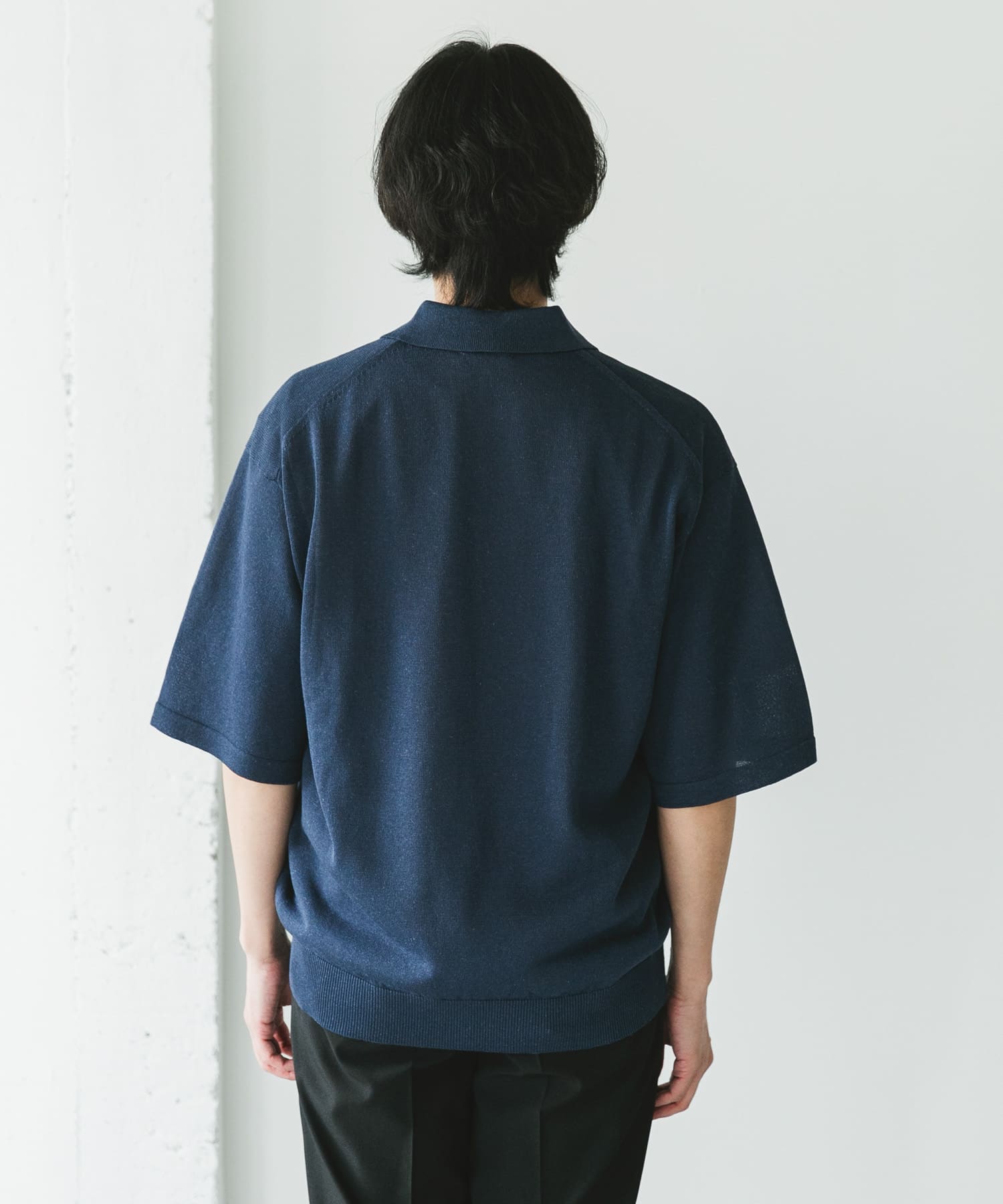 リネン混ハイゲージ スキッパーニットポロシャツ(M BLACK): トップス 