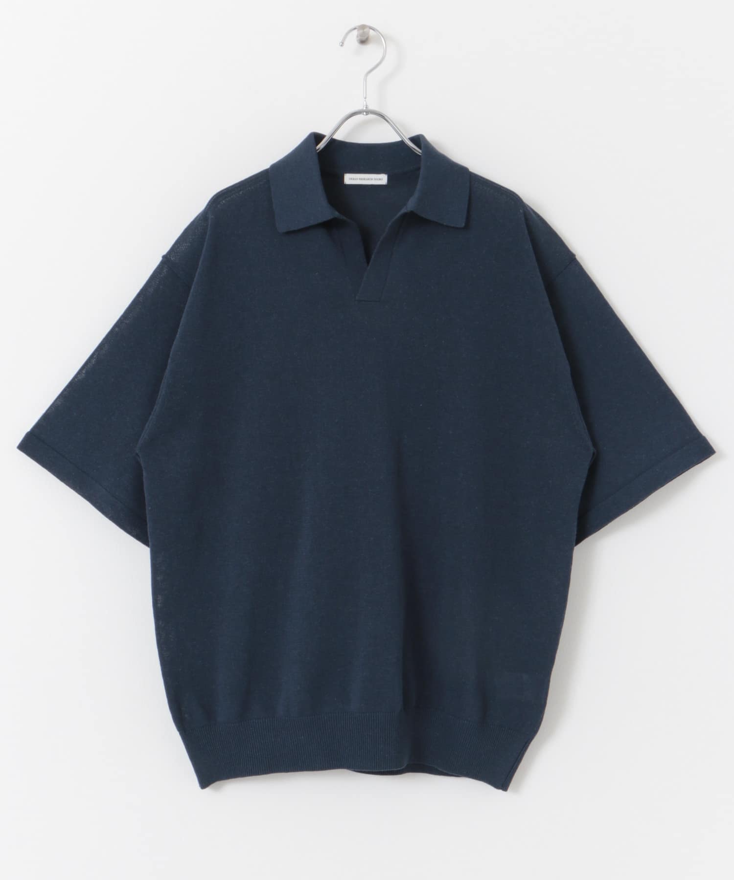 リネン混ハイゲージ スキッパーニットポロシャツ BLUE M