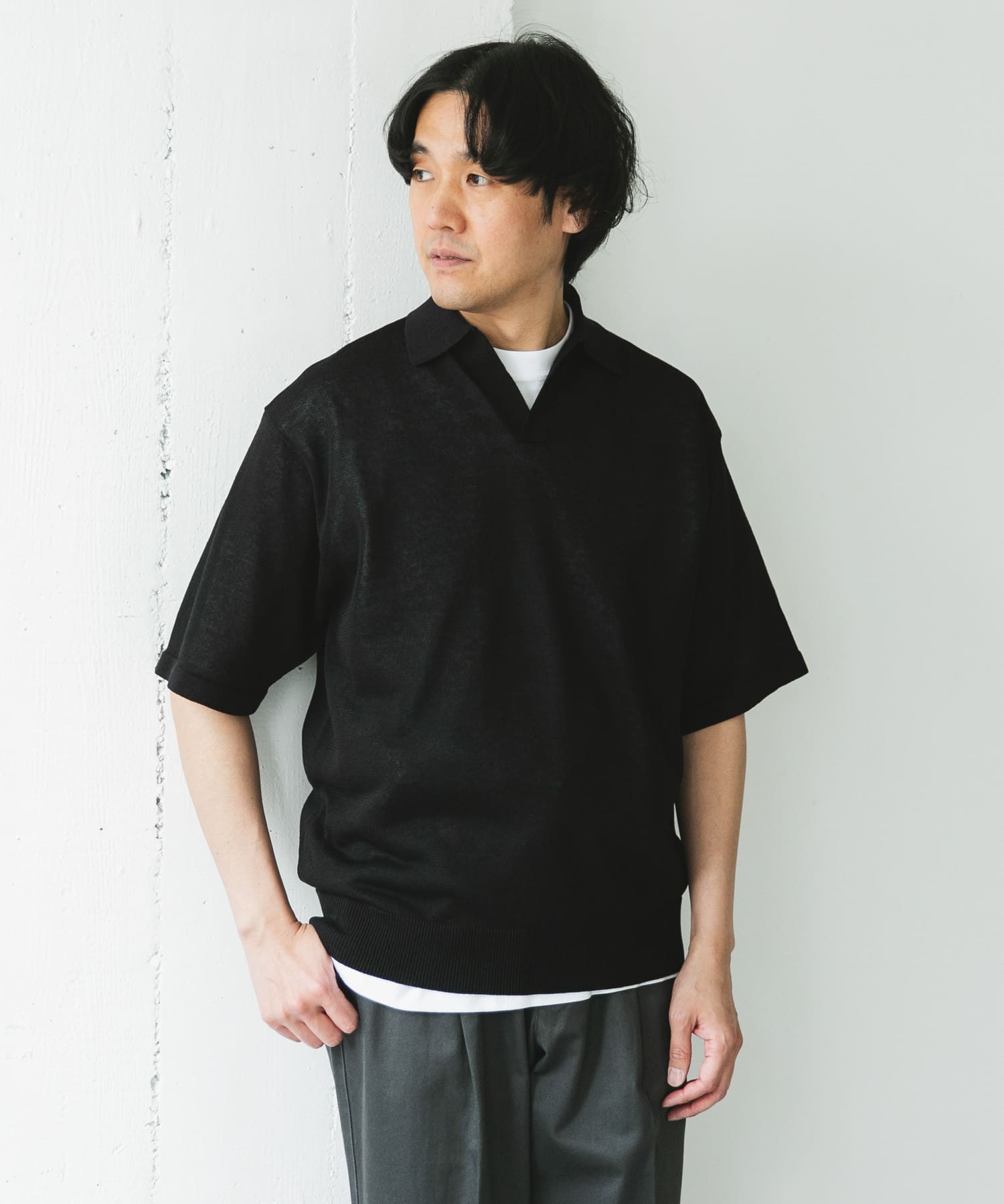 リネン混ハイゲージ スキッパーニットポロシャツ(M BLACK): トップス