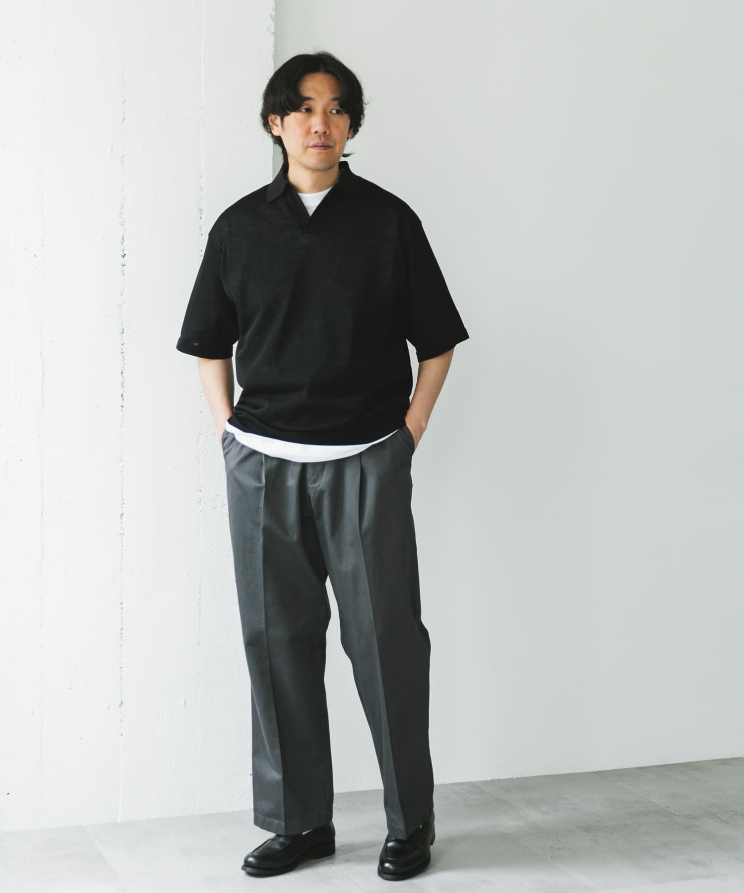 リネン混ハイゲージ スキッパーニットポロシャツ(M BLACK): トップス
