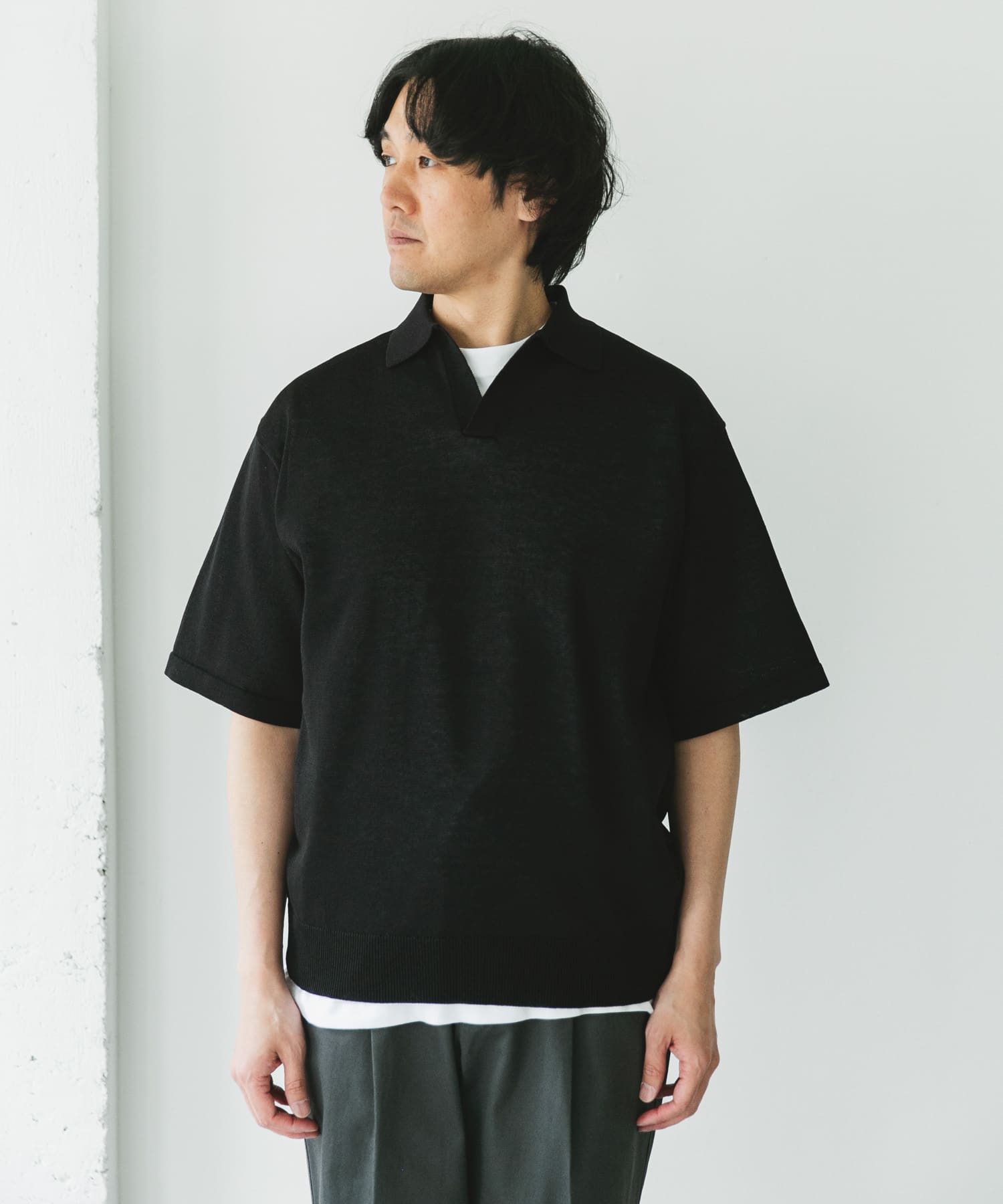 リネン混ハイゲージ スキッパーニットポロシャツ(M BLACK): トップス