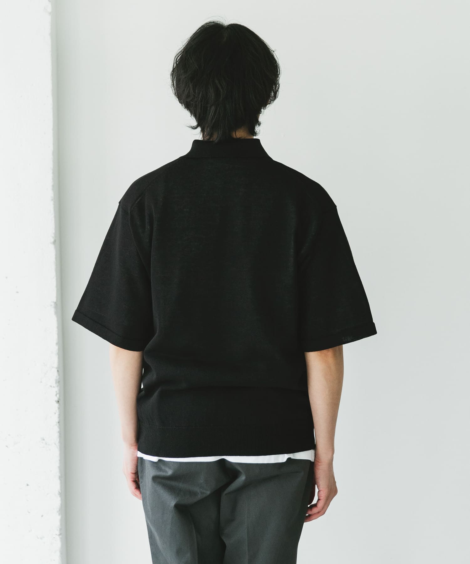 リネン混ハイゲージ スキッパーニットポロシャツ(M BLACK): トップス