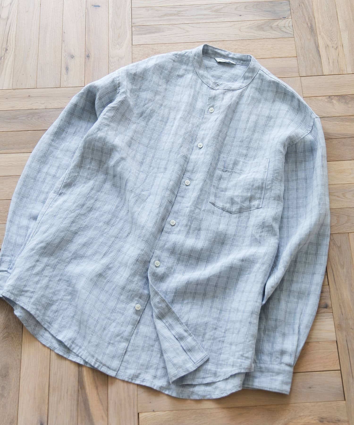 『XLサイズ/WEB限定』シルケットリネンバンドカラーロングスリーブシャツ BLUE CHECK M
