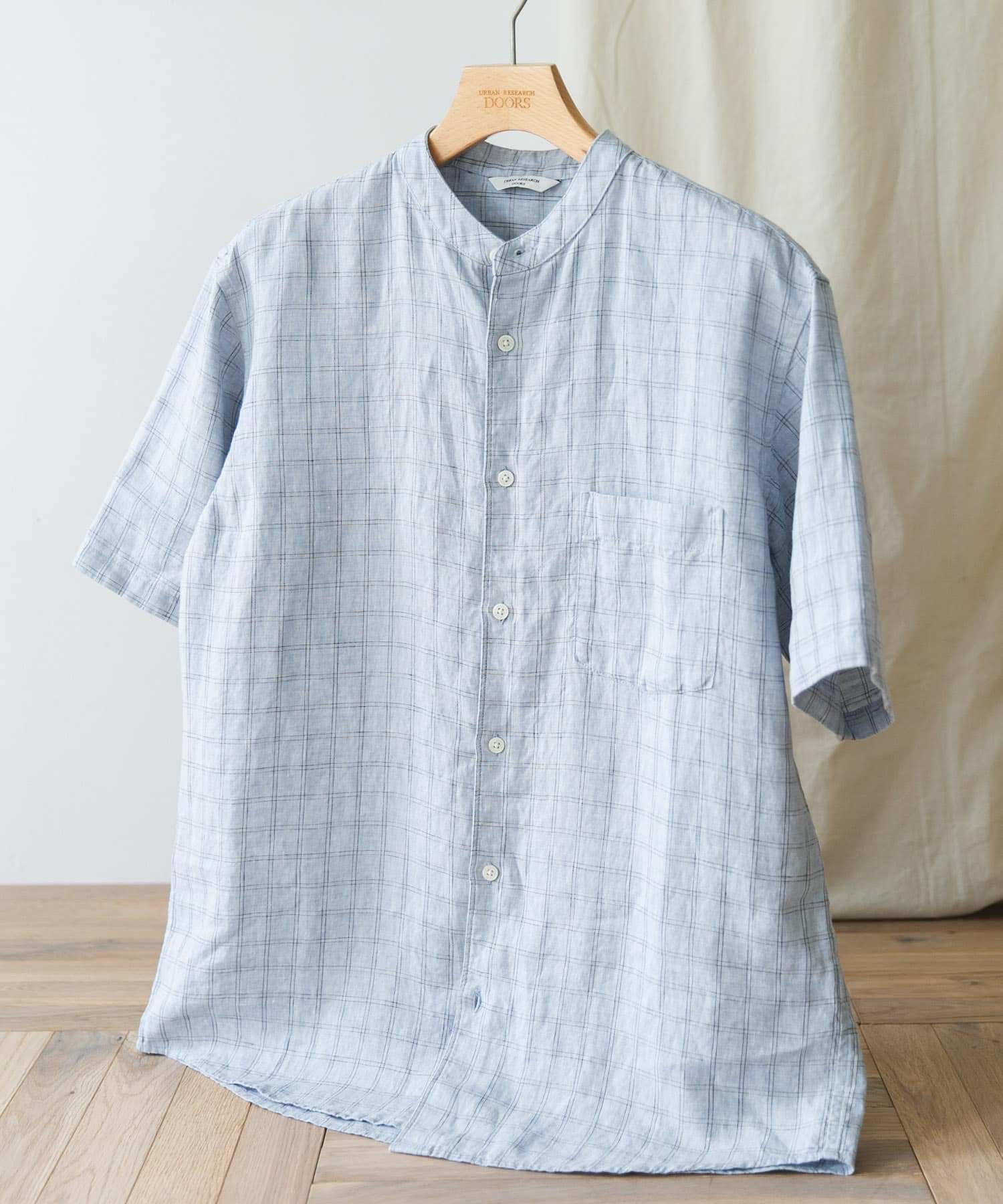 『XLサイズ/WEB限定』シルケットリネン バンドカラーショートスリーブシャツ BLUE CHECK M
