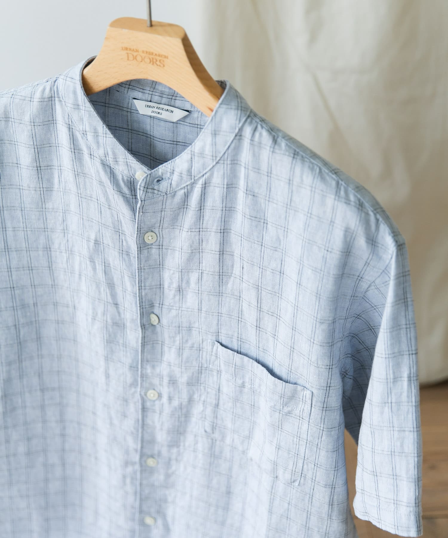『XLサイズ/WEB限定』シルケットリネン バンドカラーショートスリーブシャツ BLUE CHECK M