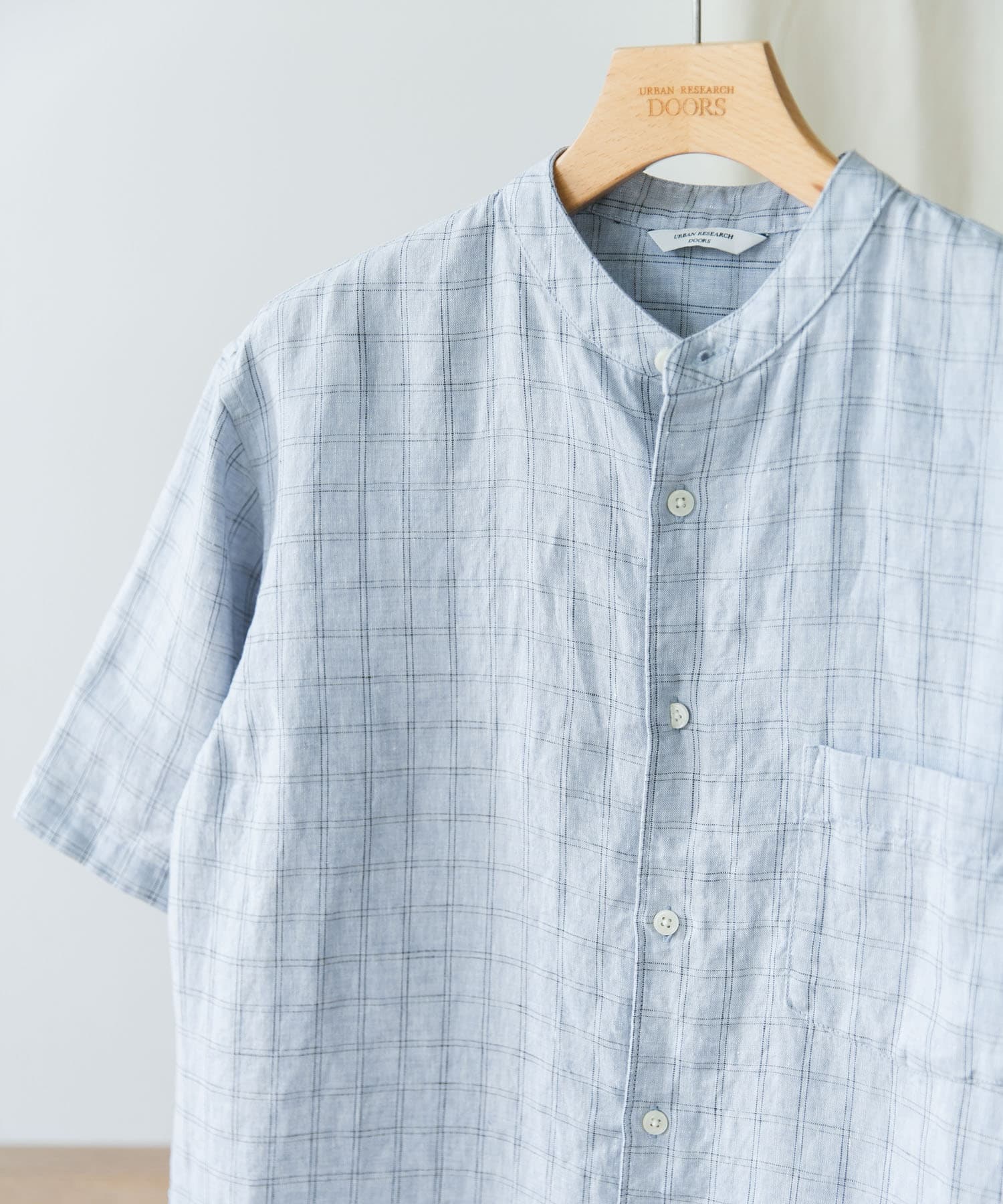 『XLサイズ/WEB限定』シルケットリネン バンドカラーショートスリーブシャツ BLUE CHECK M