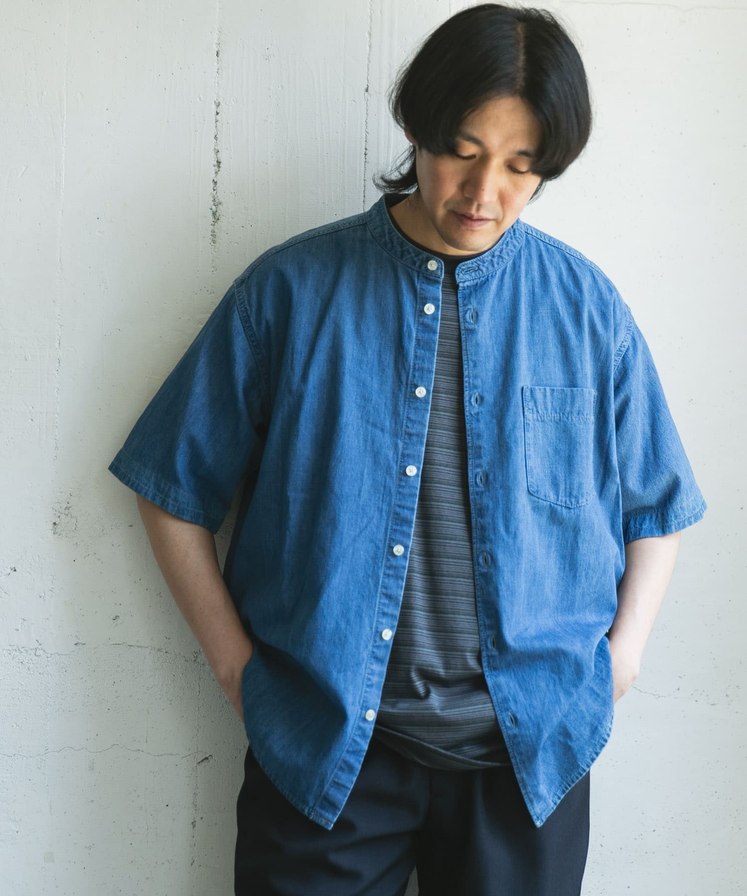 リネン混 デニムバンドショートスリーブシャツ